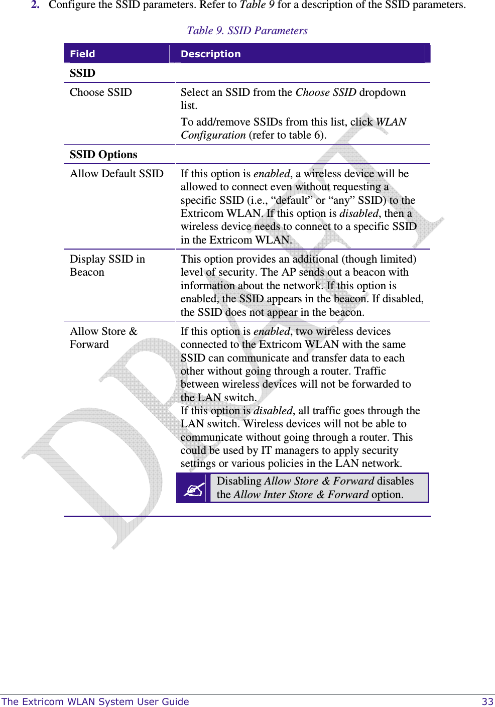  The Extricom WLAN System User Guide    33 2. Configure the SSID parameters. Refer to Table 9 for a description of the SSID parameters.  Table 9. SSID Parameters  Field  Description SSID   Choose SSID  Select an SSID from the Choose SSID dropdown list.  To add/remove SSIDs from this list, click WLAN Configuration (refer to table 6). SSID Options   Allow Default SSID If this option is enabled, a wireless device will be allowed to connect even without requesting a specific SSID (i.e., “default” or “any” SSID) to the Extricom WLAN. If this option is disabled, then a wireless device needs to connect to a specific SSID in the Extricom WLAN. Display SSID in Beacon This option provides an additional (though limited) level of security. The AP sends out a beacon with information about the network. If this option is enabled, the SSID appears in the beacon. If disabled, the SSID does not appear in the beacon. Allow Store &amp; Forward If this option is enabled, two wireless devices connected to the Extricom WLAN with the same SSID can communicate and transfer data to each other without going through a router. Traffic between wireless devices will not be forwarded to the LAN switch. If this option is disabled, all traffic goes through the LAN switch. Wireless devices will not be able to communicate without going through a router. This could be used by IT managers to apply security settings or various policies in the LAN network.  Disabling Allow Store &amp; Forward disables the Allow Inter Store &amp; Forward option.   