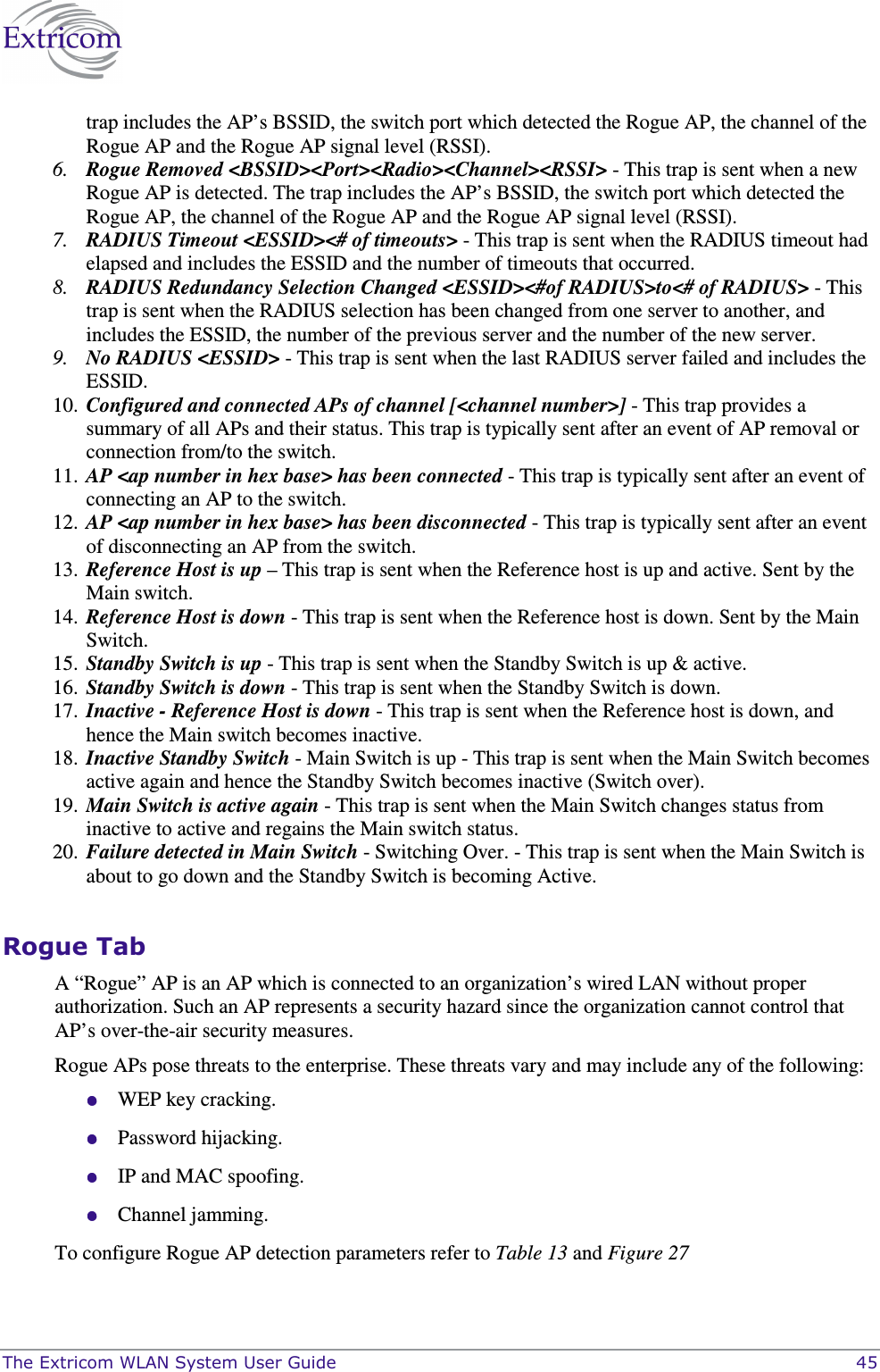  The Extricom WLAN System User Guide    45 trap includes the AP’s BSSID, the switch port which detected the Rogue AP, the channel of the Rogue AP and the Rogue AP signal level (RSSI). 6. Rogue Removed &lt;BSSID&gt;&lt;Port&gt;&lt;Radio&gt;&lt;Channel&gt;&lt;RSSI&gt; - This trap is sent when a new Rogue AP is detected. The trap includes the AP’s BSSID, the switch port which detected the Rogue AP, the channel of the Rogue AP and the Rogue AP signal level (RSSI). 7. RADIUS Timeout &lt;ESSID&gt;&lt;# of timeouts&gt; - This trap is sent when the RADIUS timeout had elapsed and includes the ESSID and the number of timeouts that occurred. 8. RADIUS Redundancy Selection Changed &lt;ESSID&gt;&lt;#of RADIUS&gt;to&lt;# of RADIUS&gt; - This trap is sent when the RADIUS selection has been changed from one server to another, and includes the ESSID, the number of the previous server and the number of the new server. 9. No RADIUS &lt;ESSID&gt; - This trap is sent when the last RADIUS server failed and includes the ESSID. 10. Configured and connected APs of channel [&lt;channel number&gt;] - This trap provides a summary of all APs and their status. This trap is typically sent after an event of AP removal or connection from/to the switch. 11. AP &lt;ap number in hex base&gt; has been connected - This trap is typically sent after an event of connecting an AP to the switch.  12. AP &lt;ap number in hex base&gt; has been disconnected - This trap is typically sent after an event of disconnecting an AP from the switch.  13. Reference Host is up – This trap is sent when the Reference host is up and active. Sent by the Main switch. 14. Reference Host is down - This trap is sent when the Reference host is down. Sent by the Main Switch. 15. Standby Switch is up - This trap is sent when the Standby Switch is up &amp; active. 16. Standby Switch is down - This trap is sent when the Standby Switch is down. 17. Inactive - Reference Host is down - This trap is sent when the Reference host is down, and hence the Main switch becomes inactive. 18. Inactive Standby Switch - Main Switch is up - This trap is sent when the Main Switch becomes active again and hence the Standby Switch becomes inactive (Switch over). 19. Main Switch is active again - This trap is sent when the Main Switch changes status from inactive to active and regains the Main switch status. 20. Failure detected in Main Switch - Switching Over. - This trap is sent when the Main Switch is about to go down and the Standby Switch is becoming Active.   Rogue Tab A “Rogue” AP is an AP which is connected to an organization’s wired LAN without proper authorization. Such an AP represents a security hazard since the organization cannot control that AP’s over-the-air security measures. Rogue APs pose threats to the enterprise. These threats vary and may include any of the following:  WEP key cracking.  Password hijacking.  IP and MAC spoofing.  Channel jamming. To configure Rogue AP detection parameters refer to Table 13 and Figure 27 
