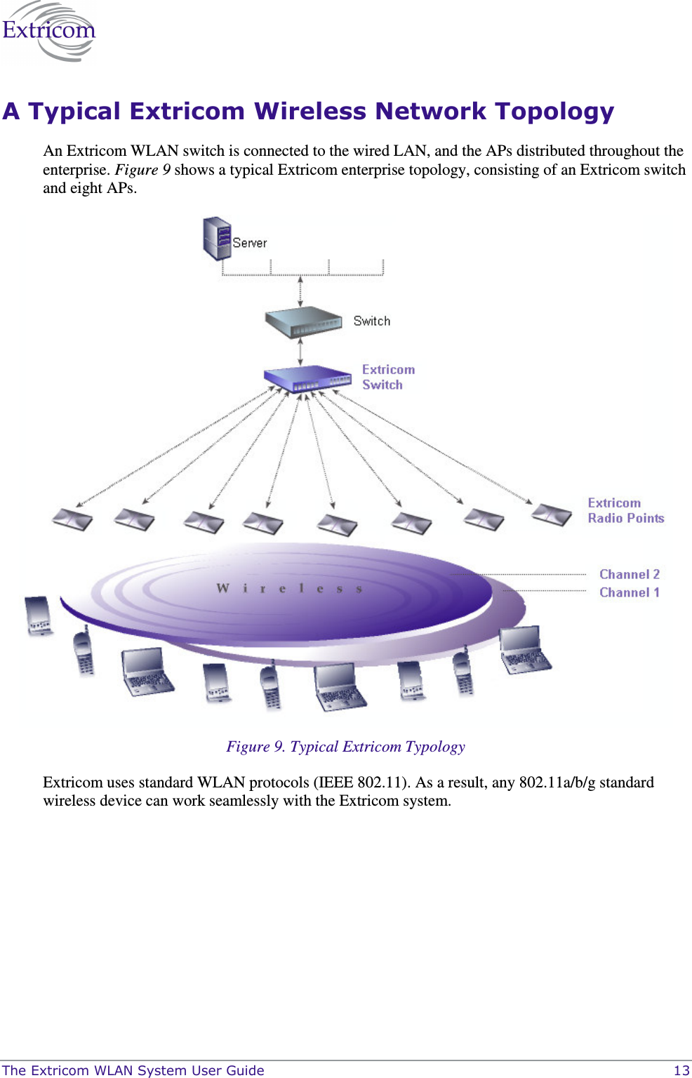  The Extricom WLAN System User Guide    13 A Typical Extricom Wireless Network Topology An Extricom WLAN switch is connected to the wired LAN, and the APs distributed throughout the enterprise. Figure 9 shows a typical Extricom enterprise topology, consisting of an Extricom switch and eight APs.  Figure 9. Typical Extricom Typology Extricom uses standard WLAN protocols (IEEE 802.11). As a result, any 802.11a/b/g standard wireless device can work seamlessly with the Extricom system. 