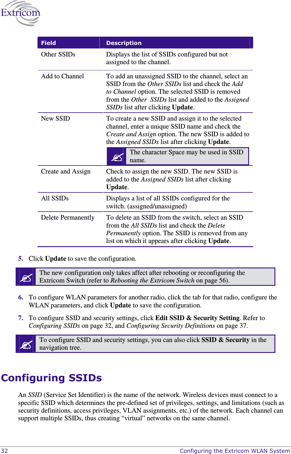  32    Configuring the Extricom WLAN System Field  Description Other SSIDs  Displays the list of SSIDs configured but not assigned to the channel. Add to Channel  To add an unassigned SSID to the channel, select an SSID from the Other SSIDs list and check the Add to Channel option. The selected SSID is removed from the Other  SSIDs list and added to the Assigned SSIDs list after clicking Update. New SSID  To create a new SSID and assign it to the selected channel, enter a unique SSID name and check the Create and Assign option. The new SSID is added to the Assigned SSIDs list after clicking Update.   The character Space may be used in SSID name.  Create and Assign  Check to assign the new SSID. The new SSID is added to the Assigned SSIDs list after clicking Update. All SSIDs  Displays a list of all SSIDs configured for the switch. (assigned/unassigned) Delete Permanently  To delete an SSID from the switch, select an SSID from the All SSIDs list and check the Delete Permanently option. The SSID is removed from any list on which it appears after clicking Update.  5. Click Update to save the configuration.   The new configuration only takes affect after rebooting or reconfiguring the Extricom Switch (refer to Rebooting the Extricom Switch on page 56).  6. To configure WLAN parameters for another radio, click the tab for that radio, configure the WLAN parameters, and click Update to save the configuration.  7. To configure SSID and security settings, click Edit SSID &amp; Security Setting. Refer to Configuring SSIDs on page 32, and Configuring Security Definitions on page 37.  To configure SSID and security settings, you can also click SSID &amp; Security in the navigation tree.  Configuring SSIDs An SSID (Service Set Identifier) is the name of the network. Wireless devices must connect to a specific SSID which determines the pre-defined set of privileges, settings, and limitations (such as security definitions, access privileges, VLAN assignments, etc.) of the network. Each channel can support multiple SSIDs, thus creating &ldquo;virtual&rdquo; networks on the same channel. 