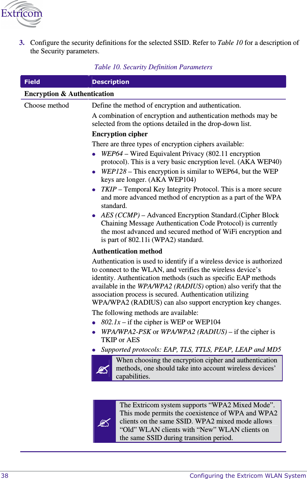  38    Configuring the Extricom WLAN System 3. Configure the security definitions for the selected SSID. Refer to Table 10 for a description of the Security parameters. Table 10. Security Definition Parameters  Field  Description Encryption &amp; Authentication Choose method  Define the method of encryption and authentication. A combination of encryption and authentication methods may be selected from the options detailed in the drop-down list. Encryption cipher There are three types of encryption ciphers available:  WEP64 &ndash; Wired Equivalent Privacy (802.11 encryption protocol). This is a very basic encryption level. (AKA WEP40)  WEP128 &ndash; This encryption is similar to WEP64, but the WEP keys are longer. (AKA WEP104)  TKIP &ndash; Temporal Key Integrity Protocol. This is a more secure and more advanced method of encryption as a part of the WPA standard.  AES (CCMP) &ndash; Advanced Encryption Standard.(Cipher Block Chaining Message Authentication Code Protocol) is currently the most advanced and secured method of WiFi encryption and is part of 802.11i (WPA2) standard. Authentication method Authentication is used to identify if a wireless device is authorized to connect to the WLAN, and verifies the wireless device&rsquo;s identity. Authentication methods (such as specific EAP methods available in the WPA/WPA2 (RADIUS) option) also verify that the association process is secured. Authentication utilizing WPA/WPA2 (RADIUS) can also support encryption key changes. The following methods are available:  802.1x &ndash; if the cipher is WEP or WEP104  WPA/WPA2-PSK or WPA/WPA2 (RADIUS) &ndash; if the cipher is TKIP or AES  Supported protocols: EAP, TLS, TTLS, PEAP, LEAP and MD5  When choosing the encryption cipher and authentication methods, one should take into account wireless devices&rsquo; capabilities.     The Extricom system supports &ldquo;WPA2 Mixed Mode&rdquo;. This mode permits the coexistence of WPA and WPA2 clients on the same SSID. WPA2 mixed mode allows &ldquo;Old&rdquo; WLAN clients with &ldquo;New&rdquo; WLAN clients on the same SSID during transition period. 