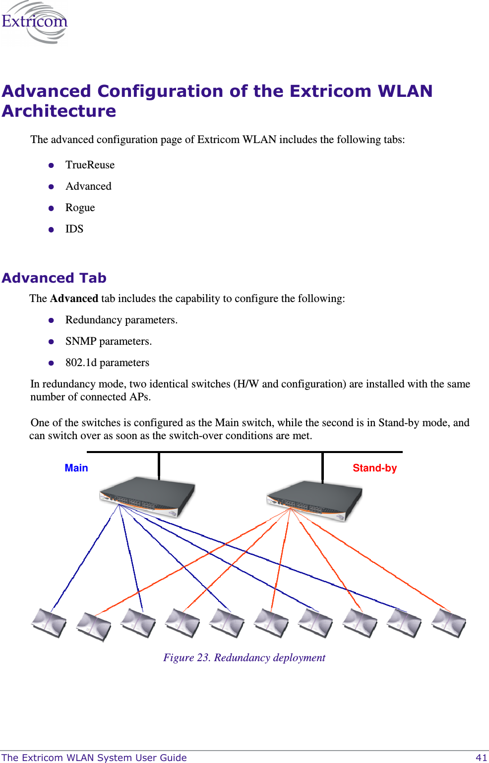  The Extricom WLAN System User Guide    41 Advanced Configuration of the Extricom WLAN Architecture The advanced configuration page of Extricom WLAN includes the following tabs:  TrueReuse   Advanced  Rogue  IDS  Advanced Tab The Advanced tab includes the capability to configure the following:  Redundancy parameters.  SNMP parameters.  802.1d parameters   In redundancy mode, two identical switches (H/W and configuration) are installed with the same number of connected APs.  One of the switches is configured as the Main switch, while the second is in Stand-by mode, and can switch over as soon as the switch-over conditions are met.   Figure 23. Redundancy deployment Main Stand-by 