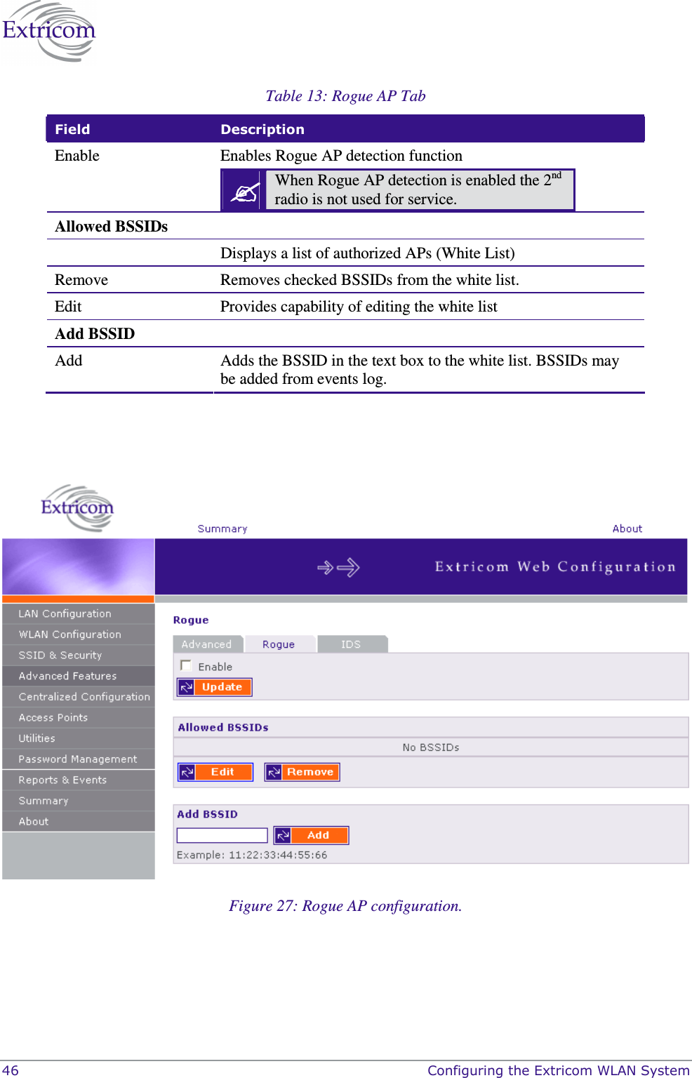  46    Configuring the Extricom WLAN System Table 13: Rogue AP Tab Field  Description Enable  Enables Rogue AP detection function  When Rogue AP detection is enabled the 2nd radio is not used for service.  Allowed BSSIDs   Displays a list of authorized APs (White List) Remove  Removes checked BSSIDs from the white list. Edit  Provides capability of editing the white list Add BSSID Add  Adds the BSSID in the text box to the white list. BSSIDs may be added from events log.     Figure 27: Rogue AP configuration. 