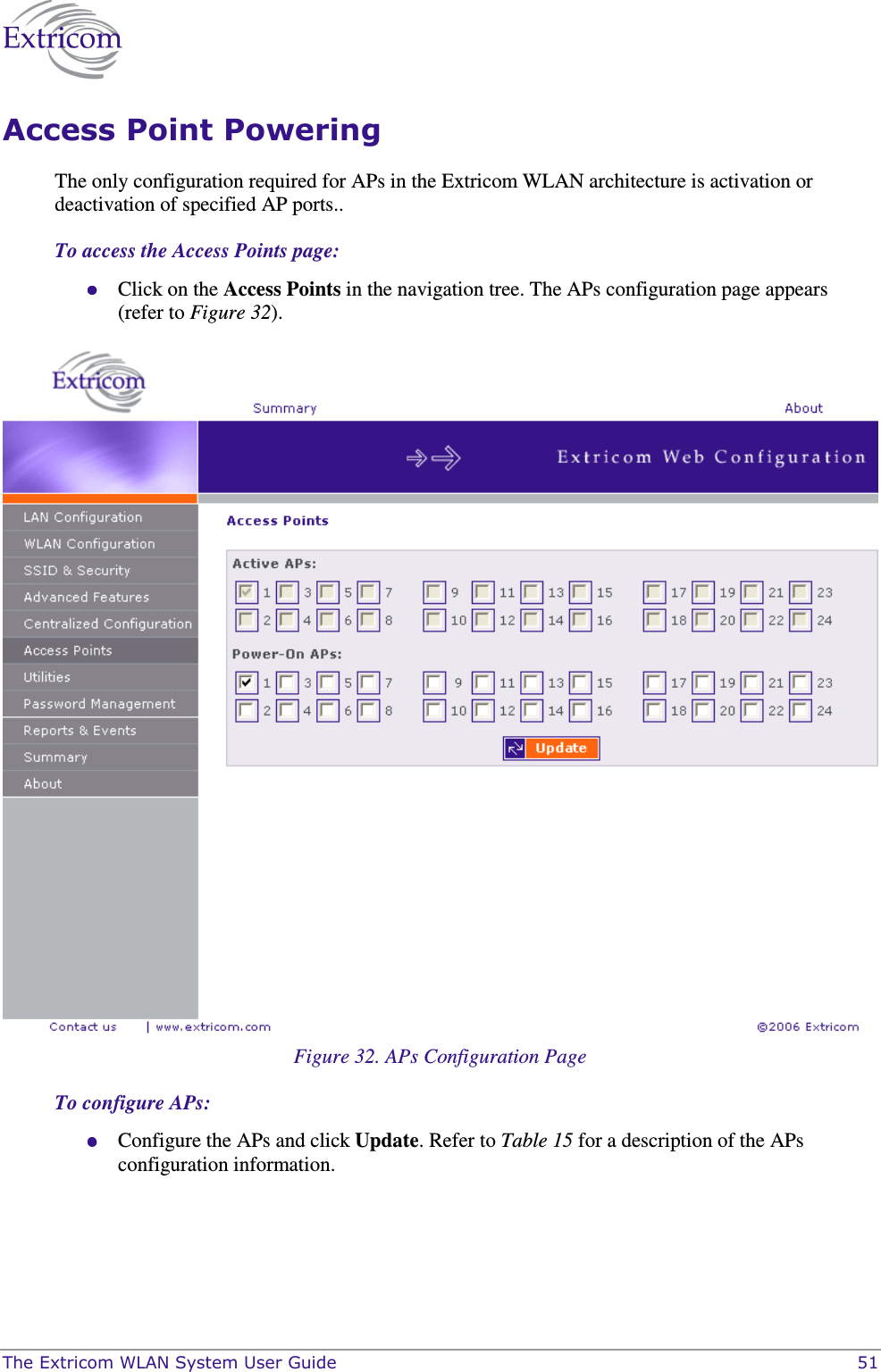  The Extricom WLAN System User Guide    51 Access Point Powering The only configuration required for APs in the Extricom WLAN architecture is activation or deactivation of specified AP ports.. To access the Access Points page:  Click on the Access Points in the navigation tree. The APs configuration page appears (refer to Figure 32).   Figure 32. APs Configuration Page To configure APs:  Configure the APs and click Update. Refer to Table 15 for a description of the APs configuration information.  
