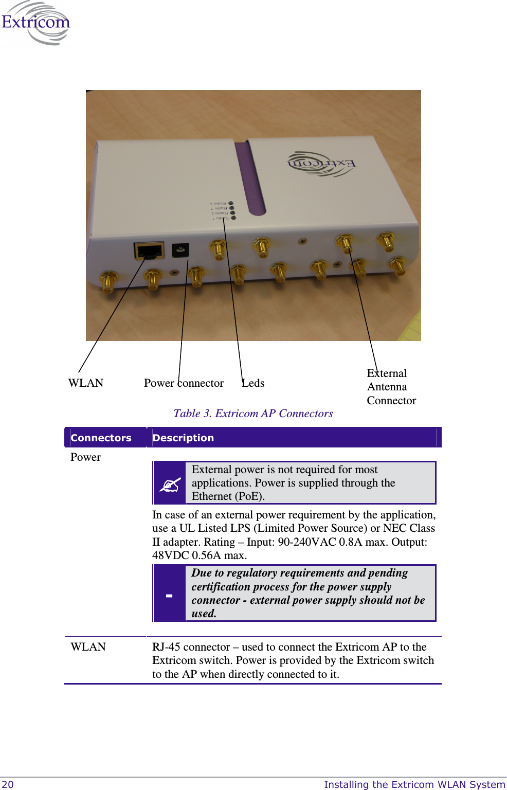  20    Installing the Extricom WLAN System     Table 3. Extricom AP Connectors  Connectors  Description Power    External power is not required for most applications. Power is supplied through the Ethernet (PoE). In case of an external power requirement by the application, use a UL Listed LPS (Limited Power Source) or NEC Class II adapter. Rating &ndash; Input: 90-240VAC 0.8A max. Output: 48VDC 0.56A max.  - Due to regulatory requirements and pending certification process for the power supply connector - external power supply should not be used.  WLAN  RJ-45 connector &ndash; used to connect the Extricom AP to the Extricom switch. Power is provided by the Extricom switch to the AP when directly connected to it.  Power connector  Leds WLAN  External Antenna Connector 