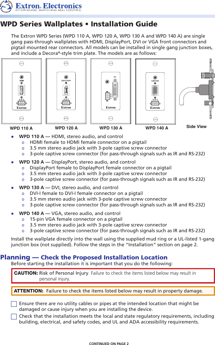 Page 1 of 2 - Extron-Electronic Extron-Electronic-Extron-Electronics-Stereo-Receiver-Wpd-110-A-Users-Manual- Extron WPD Series Wallplates Installation Guide  Extron-electronic-extron-electronics-stereo-receiver-wpd-110-a-users-manual