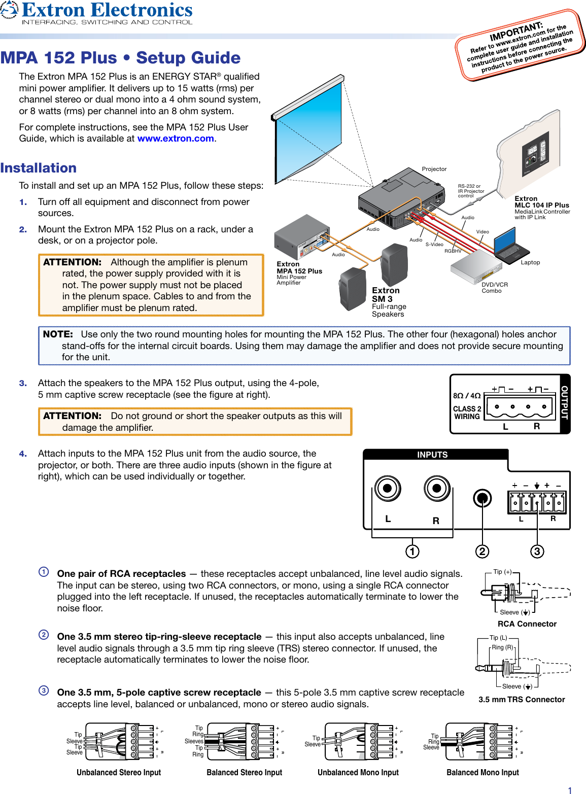 Page 1 of 2 - Extron-Electronic Extron-Electronic-Extron-Electronics-Switch-Mpa-152-Plus-Users-Manual- MPA 152 Plus Setup Guide  Extron-electronic-extron-electronics-switch-mpa-152-plus-users-manual