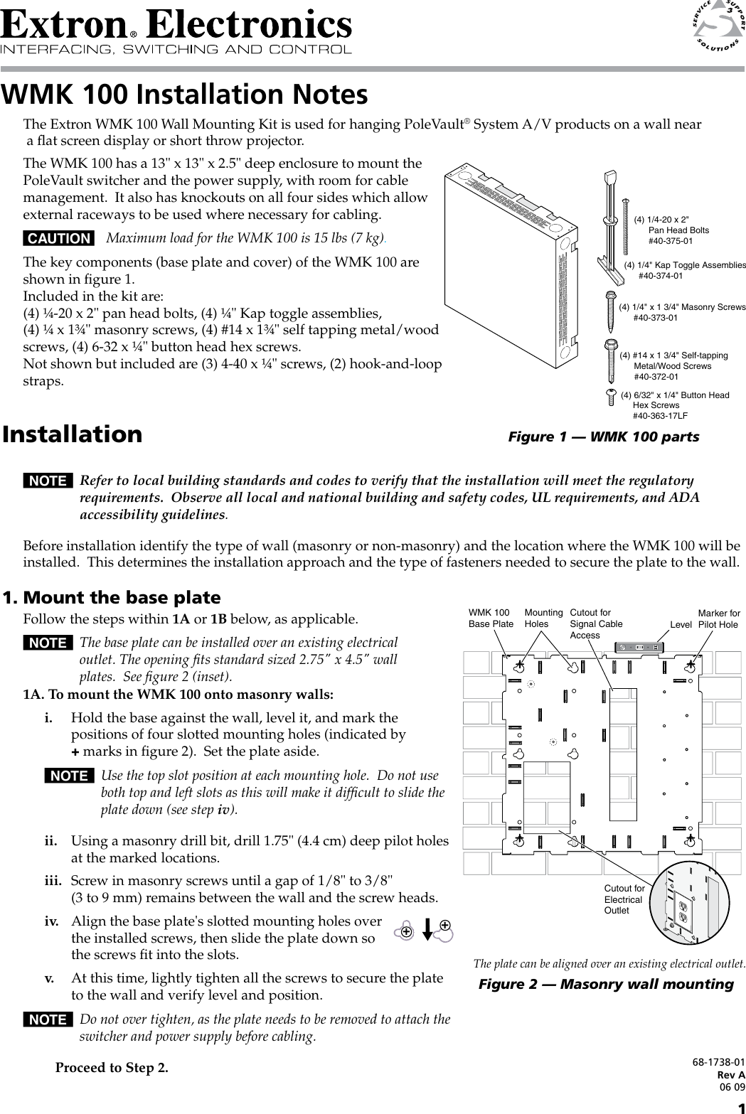 Page 1 of 4 - Extron-Electronic Extron-Electronic-Extron-Electronics-Tv-Mount-Wmk-100-Users-Manual- WMK 100 Installation Notes  Extron-electronic-extron-electronics-tv-mount-wmk-100-users-manual