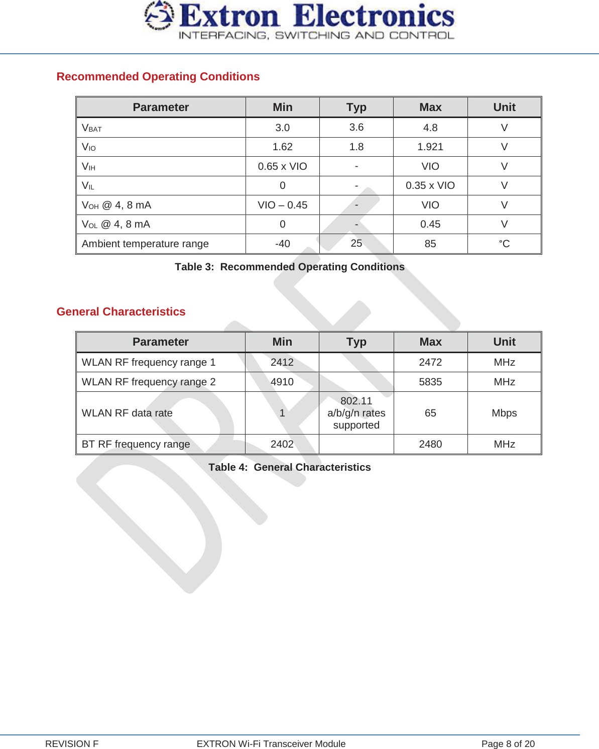  REVISION F  EXTRON Wi-Fi Transceiver Module  Page 8 of 20 Recommended Operating Conditions Parameter Min Typ Max Unit VBAT 3.0  3.6  4.8 V VIO 1.62  1.8  1.921 V VIH 0.65 x VIO -  VIO V VIL 0  - 0.35 x VIO V VOH @ 4, 8 mA VIO – 0.45 -  VIO V VOL @ 4, 8 mA 0  -  0.45 V Ambient temperature range -40  25  85  °C Table 3:  Recommended Operating Conditions  General Characteristics Parameter Min Typ Max Unit WLAN RF frequency range 1 2412   2472 MHz WLAN RF frequency range 2 4910   5835 MHz WLAN RF data rate 1 802.11 a/b/g/n rates supported 65 Mbps BT RF frequency range 2402   2480 MHz Table 4:  General Characteristics    