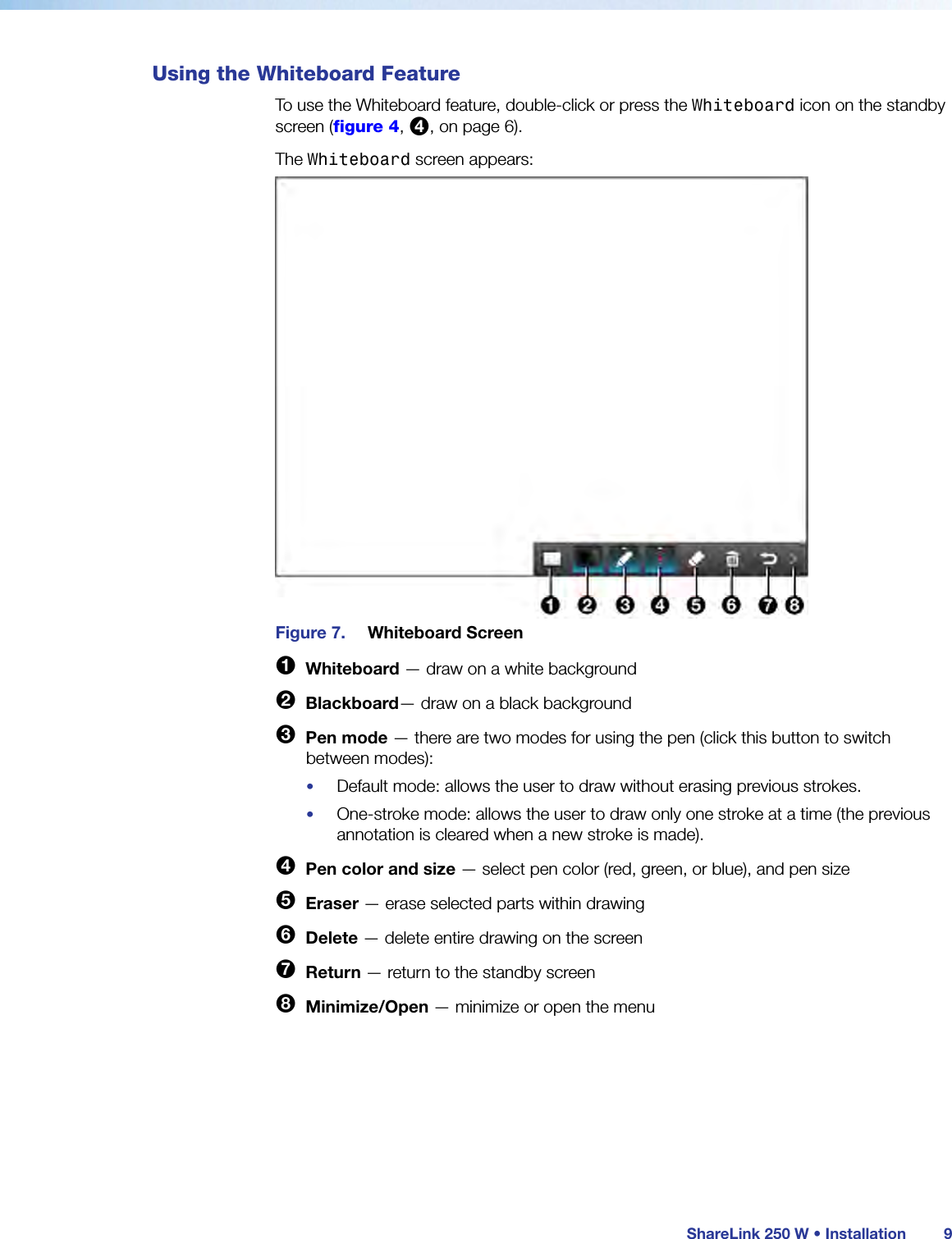  ShareLink 250 W • Installation 9Using the Whiteboard FeatureTo use the Whiteboard feature, double-click or press the Whiteboard icon on the standby screen (figure 4, 4, on page 6).The Whiteboard screen appears:Figure 7.  Whiteboard Screen1  Whiteboard — draw on a white background2  Blackboard— draw on a black background3  Pen mode — there are two modes for using the pen (click this button to switch between modes):•  Default mode: allows the user to draw without erasing previous strokes.•  One-stroke mode: allows the user to draw only one stroke at a time (the previous annotation is cleared when a new stroke is made).4  Pen color and size — select pen color (red, green, or blue), and pen size5  Eraser — erase selected parts within drawing6  Delete — delete entire drawing on the screen7  Return — return to the standby screen8  Minimize/Open — minimize or open the menu