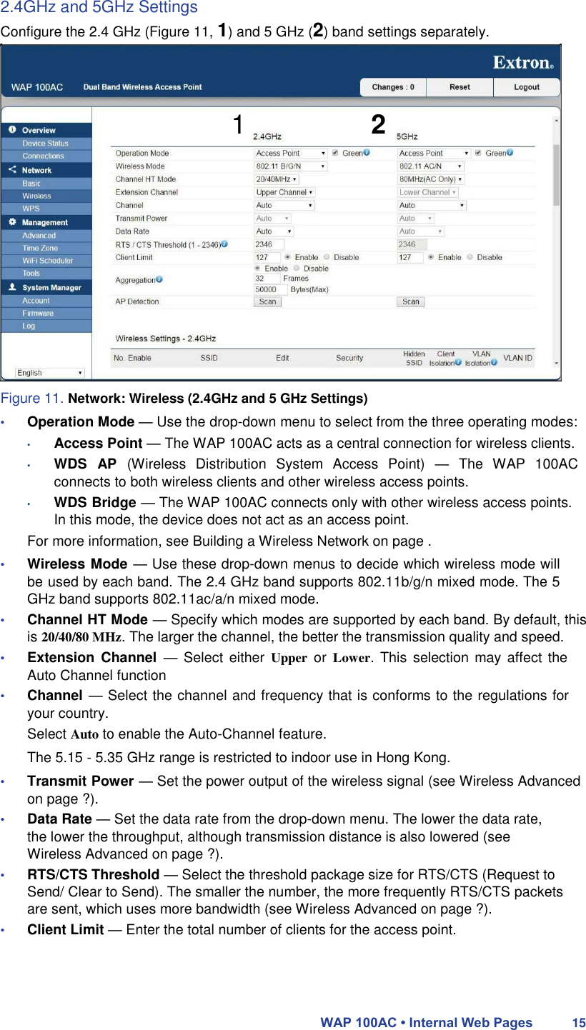 2.4GHz and 5GHz Settings  Configure the 2.4 GHz (Figure 11, 1) and 5 GHz (2) band settings separately.     1 2                 Figure 11. Network: Wireless (2.4GHz and 5 GHz Settings)  • Operation Mode — Use the drop-down menu to select from the three operating modes:  • Access Point — The WAP 100AC acts as a central connection for wireless clients.  • WDS  AP  (Wireless  Distribution  System  Access  Point)  —  The  WAP  100AC connects to both wireless clients and other wireless access points.  • WDS Bridge — The WAP 100AC connects only with other wireless access points. In this mode, the device does not act as an access point.  For more information, see Building a Wireless Network on page .  • Wireless Mode — Use these drop-down menus to decide which wireless mode will be used by each band. The 2.4 GHz band supports 802.11b/g/n mixed mode. The 5 GHz band supports 802.11ac/a/n mixed mode.  • Channel HT Mode — Specify which modes are supported by each band. By default, this is 20/40/80 MHz. The larger the channel, the better the transmission quality and speed.  • Extension  Channel  —  Select  either Upper or Lower. This  selection  may affect  the Auto Channel function  • Channel — Select the channel and frequency that is conforms to the regulations for your country.  Select Auto to enable the Auto-Channel feature.  The 5.15 - 5.35 GHz range is restricted to indoor use in Hong Kong.  • Transmit Power — Set the power output of the wireless signal (see Wireless Advanced on page ?).  • Data Rate — Set the data rate from the drop-down menu. The lower the data rate, the lower the throughput, although transmission distance is also lowered (see Wireless Advanced on page ?).  • RTS/CTS Threshold — Select the threshold package size for RTS/CTS (Request to Send/ Clear to Send). The smaller the number, the more frequently RTS/CTS packets are sent, which uses more bandwidth (see Wireless Advanced on page ?).  • Client Limit — Enter the total number of clients for the access point.      WAP 100AC • Internal Web Pages 15 