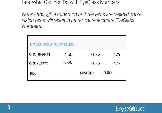 13&bull;  See: What Can You Do with EyeGlass Numbers Note: Although a minimum of three tests are needed, more vision tests will result in better, more accurate EyeGlass Numbers.