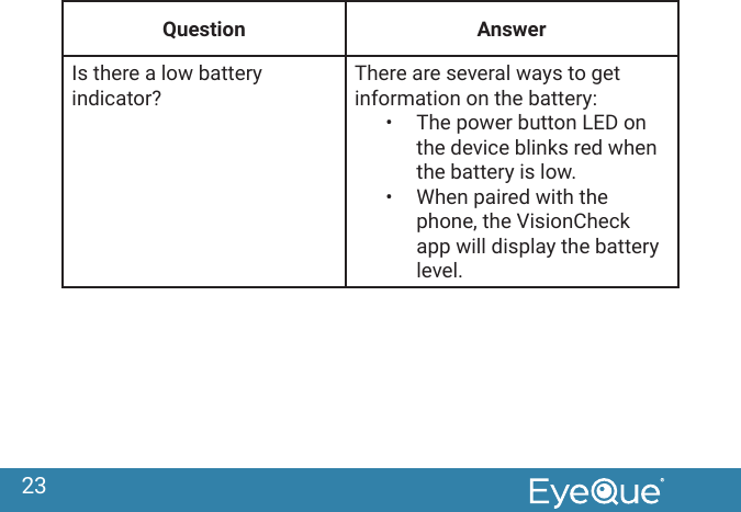 23Question AnswerIs there a low battery indicator?There are several ways to get information on the battery:&bull;  The power button LED on the device blinks red when the battery is low.&bull;  When paired with the phone, the VisionCheck app will display the battery level.