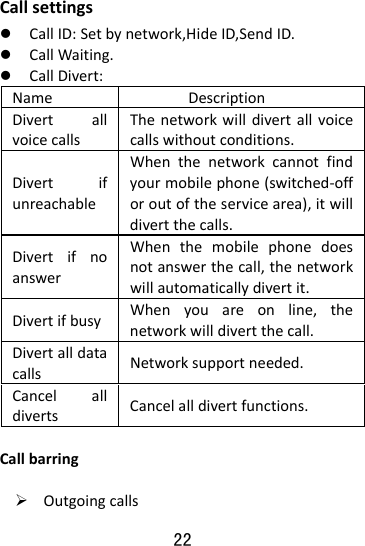  22 Callsettingsz CallID:Setbynetwork,HideID,SendID.z CallWaiting.z CallDivert:Name DescriptionDivertallvoicecallsThenetworkwilldivertallvoicecallswithoutconditions.DivertifunreachableWhenthenetworkcannotfindyourmobilephone(switched‐offoroutoftheservicearea),itwilldivertthecalls.DivertifnoanswerWhenthemobilephonedoesnotanswerthecall,thenetworkwillautomaticallydivertit.DivertifbusyWhenyouareonline,thenetworkwilldivertthecall.DivertalldatacallsNetworksupportneeded.CancelalldivertsCancelalldivertfunctions.Callbarring¾ Outgoingcalls