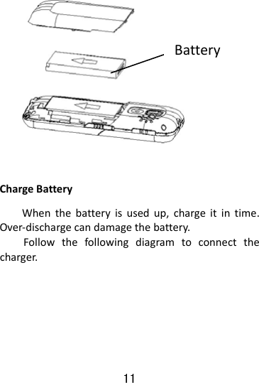  11  ChargeBatteryWhenthebatteryisusedup,chargeitintime.Over‐dischargecandamagethebattery.Followthefollowingdiagramtoconnectthecharger.   Battery