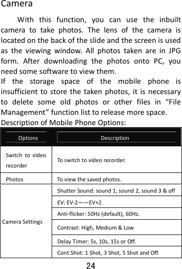  24 CameraWiththisfunction,youcanusetheinbuiltcameratotakephotos.Thelensofthecameraislocatedonthebackoftheslideandthescreenisusedastheviewingwindow.AllphotostakenareinJPGform.AfterdownloadingthephotosontoPC,youneedsomesoftwaretoviewthem.Ifthestoragespaceofthemobilephoneisinsufficienttostorethetakenphotos,itisnecessarytodeletesomeoldphotosorotherfilesin“FileManagement”functionlisttoreleasemorespace.DescriptionofMobilePhoneOptions:OptionsDescriptionSwitchtovideorecorderTo switchtovideorecorder.PhotosToviewthesavedphotos.CameraSettingsShutterSound:sound1,sound2,sound3&amp;off EV:EV‐2——EV+2.Anti‐flicker:50Hz(default),60Hz.Contrast:High,Medium&amp;LowDelayTimer:5s,10s,15sorOff.Cont.Shot:1Shot,3Shot,5ShotandOff.