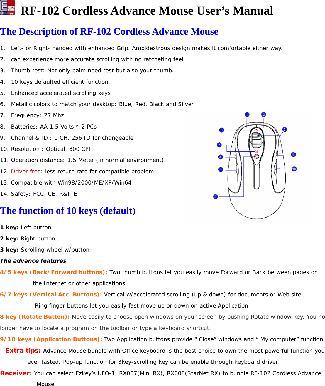   RF-102 Cordless Advance Mouse User’s Manual The Description of RF-102 Cordless Advance Mouse 1. Left- or Right- handed with enhanced Grip. Ambidextrous design makes it comfortable either way. 2. can experience more accurate scrolling with no ratcheting feel. 3. Thumb rest: Not only palm need rest but also your thumb. 4. 10 keys defaulted efficient function. 5. Enhanced accelerated scrolling keys 6. Metallic colors to match your desktop: Blue, Red, Black and Silver. 7. Frequency: 27 Mhz 8. Batteries: AA 1.5 Volts * 2 PCs 9. Channel &amp; ID : 1 CH, 256 ID for changeable 10. Resolution : Optical, 800 CPI 11. Operation distance: 1.5 Meter (in normal environment)  12. Driver free: less return rate for compatible problem 13. Compatible with Win98/2000/ME/XP/Win64 14. Safety: FCC, CE, R&amp;TTE The function of 10 keys (default) 1 key: Left button 2 key: Right button. 3 key: Scrolling wheel w/button The advance features 4/5 keys (Back/Forward buttons): Two thumb buttons let you easily move Forward or Back between pages on the Internet or other applications. 6/7 keys (Vertical Acc. Buttons): Vertical w/accelerated scrolling (up &amp; down) for documents or Web site.       Ring finger buttons let you easily fast move up or down on active Application. 8 key (Rotate Button): Move easily to choose open windows on your screen by pushing Rotate window key. You no longer have to locate a program on the toolbar or type a keyboard shortcut. 9/10 keys (Application Buttons): Two Application buttons provide “ Close” windows and “ My computer” function.   Extra tips: Advance Mouse bundle with Office keyboard is the best choice to own the most powerful function you ever tasted. Pop-up function for 3key-scrolling key can be enable through keyboard driver. Receiver: You can select Ezkey’s UFO-1, RX007(Mini RX), RX008(StarNet RX) to bundle RF-102 Cordless Advance Mouse. 