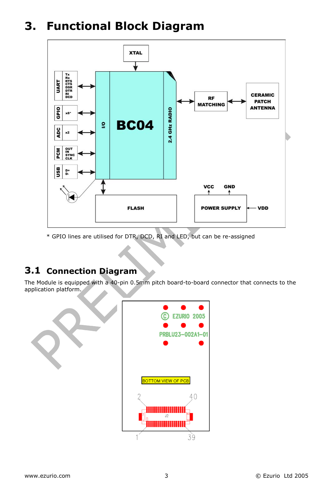  www.ezurio.com  © Ezurio  Ltd 2005 33.  Functional Block Diagram  * GPIO lines are utilised for DTR, DCD, RI and LED, but can be re-assigned  3.1  Connection Diagram The Module is equipped with a 40-pin 0.5mm pitch board-to-board connector that connects to the application platform.   