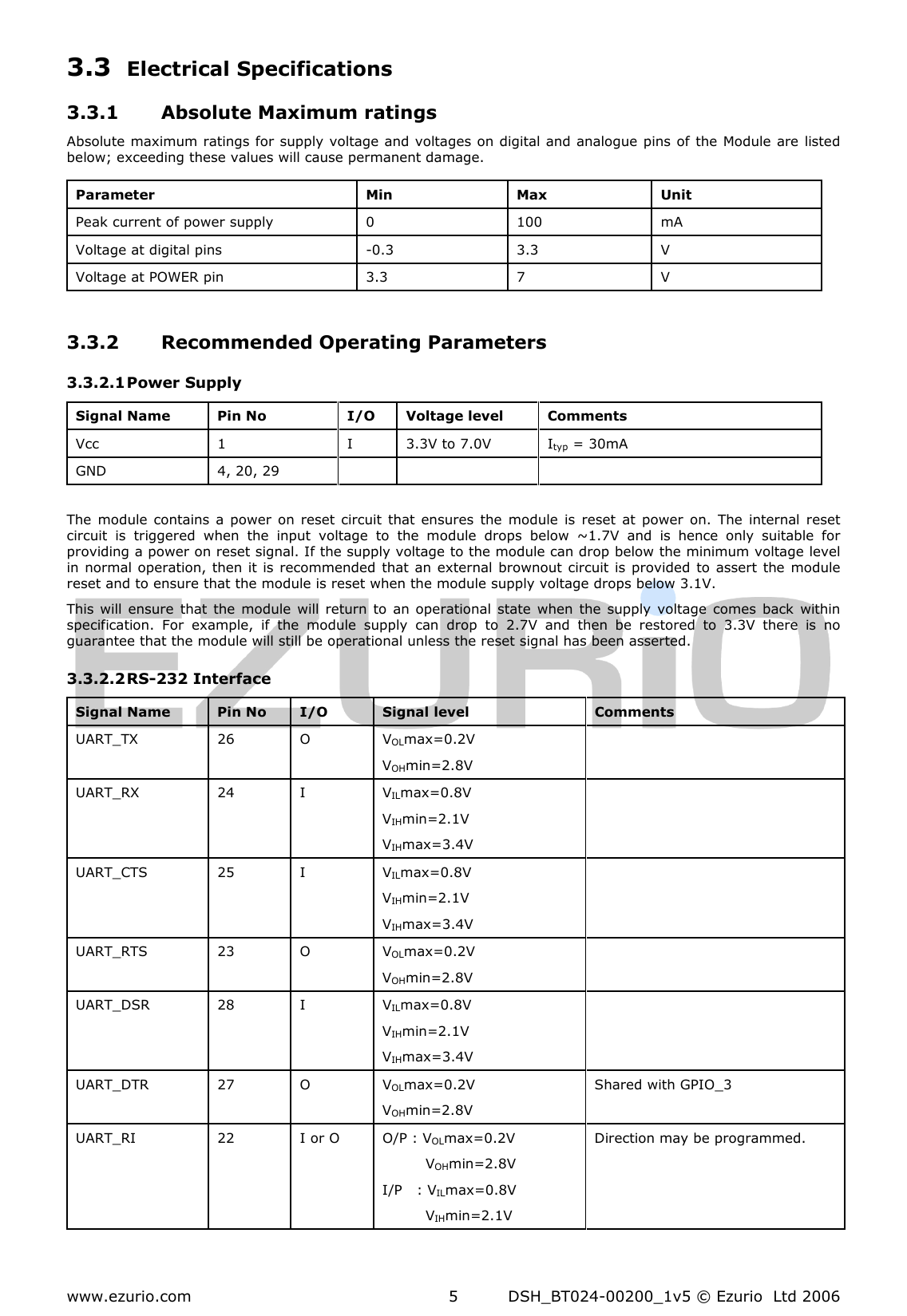  www.ezurio.com  DSH_BT024-00200_1v5 © Ezurio  Ltd 2006 5 3.3 Electrical Specifications 3.3.1 Absolute Maximum ratings Absolute maximum ratings for supply voltage and voltages on digital and analogue pins of the Module are listed below; exceeding these values will cause permanent damage. Parameter  Min  Max  Unit Peak current of power supply  0  100  mA Voltage at digital pins  -0.3  3.3  V Voltage at POWER pin  3.3   7  V  3.3.2 Recommended Operating Parameters 3.3.2.1 Power Supply Signal Name  Pin No  I/O  Voltage level  Comments Vcc  1  I  3.3V to 7.0V  Ityp = 30mA GND  4, 20, 29        The module  contains a  power  on  reset circuit  that ensures  the module  is  reset  at  power  on. The  internal  reset circuit  is  triggered  when  the  input  voltage  to  the  module  drops  below  ~1.7V  and  is  hence  only  suitable  for providing a power on reset signal. If the supply voltage to the module can drop below the minimum voltage level in normal operation, then it is  recommended that an external brownout circuit is  provided to assert  the  module reset and to ensure that the module is reset when the module supply voltage drops below 3.1V.  This will ensure  that the  module will  return to  an operational state  when  the supply  voltage  comes  back within specification.  For  example,  if  the  module  supply  can  drop  to  2.7V  and  then  be  restored  to  3.3V  there  is  no guarantee that the module will still be operational unless the reset signal has been asserted. 3.3.2.2 RS-232 Interface Signal Name  Pin No  I/O  Signal level  Comments UART_TX  26  O  VOLmax=0.2V VOHmin=2.8V  UART_RX  24  I  VILmax=0.8V VIHmin=2.1V VIHmax=3.4V  UART_CTS  25  I  VILmax=0.8V VIHmin=2.1V VIHmax=3.4V  UART_RTS  23  O  VOLmax=0.2V VOHmin=2.8V  UART_DSR  28  I  VILmax=0.8V VIHmin=2.1V VIHmax=3.4V  UART_DTR  27  O  VOLmax=0.2V VOHmin=2.8V Shared with GPIO_3 UART_RI  22  I or O  O/P : VOLmax=0.2V          VOHmin=2.8V  I/P   : VILmax=0.8V          VIHmin=2.1V Direction may be programmed.  