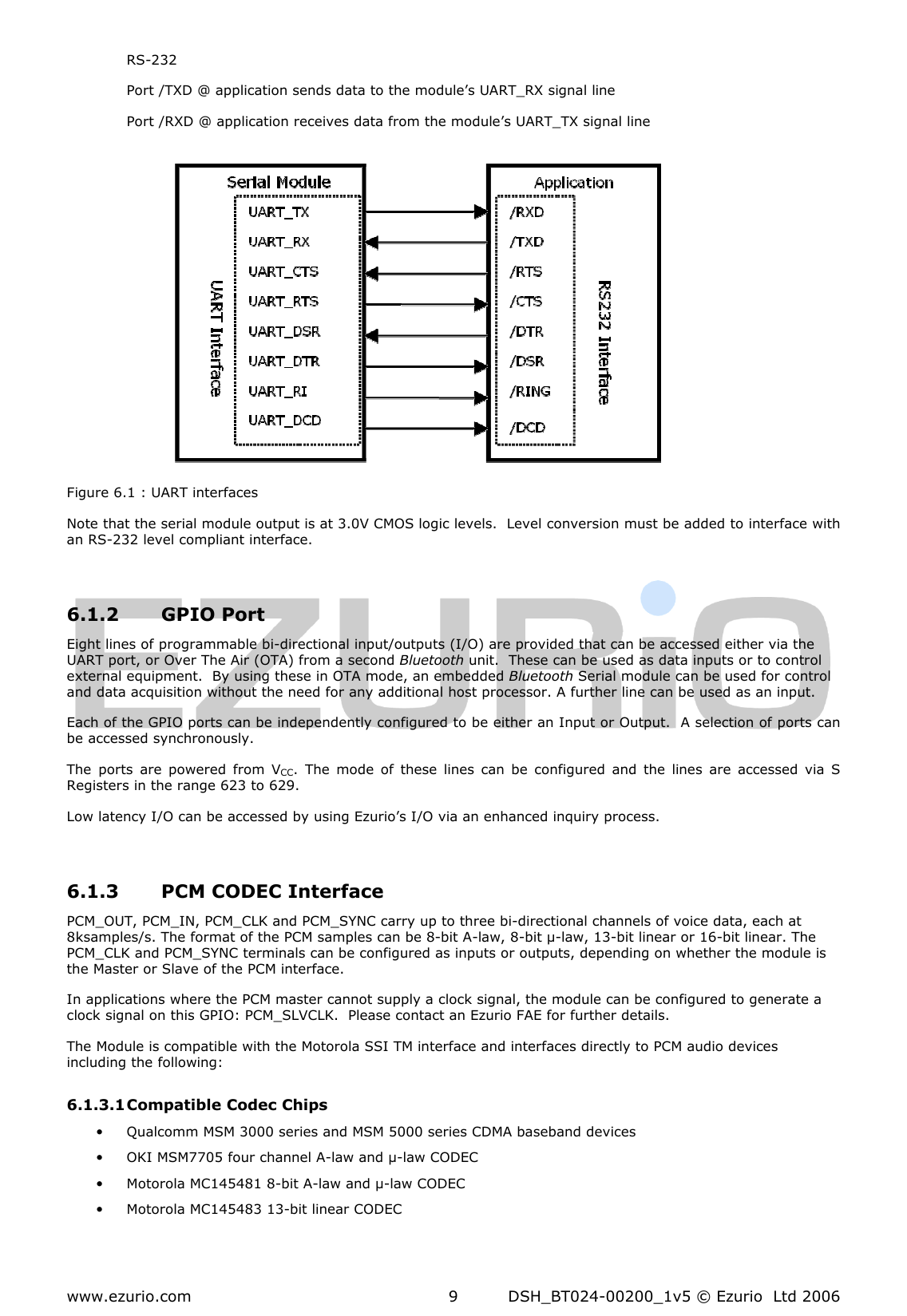  www.ezurio.com  DSH_BT024-00200_1v5 © Ezurio  Ltd 2006 9 RS-232  Port /TXD @ application sends data to the module’s UART_RX signal line  Port /RXD @ application receives data from the module’s UART_TX signal line             Figure 6.1 : UART interfaces  Note that the serial module output is at 3.0V CMOS logic levels.  Level conversion must be added to interface with an RS-232 level compliant interface.  6.1.2 GPIO Port  Eight lines of programmable bi-directional input/outputs (I/O) are provided that can be accessed either via the UART port, or Over The Air (OTA) from a second Bluetooth unit.  These can be used as data inputs or to control external equipment.  By using these in OTA mode, an embedded Bluetooth Serial module can be used for control and data acquisition without the need for any additional host processor. A further line can be used as an input. Each of the GPIO ports can be independently configured to be either an Input or Output.  A selection of ports can be accessed synchronously. The  ports  are  powered  from  VCC.  The  mode  of  these  lines  can  be  configured  and  the  lines  are  accessed  via  S Registers in the range 623 to 629. Low latency I/O can be accessed by using Ezurio’s I/O via an enhanced inquiry process.  6.1.3 PCM CODEC Interface PCM_OUT, PCM_IN, PCM_CLK and PCM_SYNC carry up to three bi-directional channels of voice data, each at 8ksamples/s. The format of the PCM samples can be 8-bit A-law, 8-bit µ-law, 13-bit linear or 16-bit linear. The PCM_CLK and PCM_SYNC terminals can be configured as inputs or outputs, depending on whether the module is the Master or Slave of the PCM interface.   In applications where the PCM master cannot supply a clock signal, the module can be configured to generate a clock signal on this GPIO: PCM_SLVCLK.  Please contact an Ezurio FAE for further details. The Module is compatible with the Motorola SSI TM interface and interfaces directly to PCM audio devices including the following:  6.1.3.1 Compatible Codec Chips • Qualcomm MSM 3000 series and MSM 5000 series CDMA baseband devices  • OKI MSM7705 four channel A-law and µ-law CODEC • Motorola MC145481 8-bit A-law and µ-law CODEC • Motorola MC145483 13-bit linear CODEC 