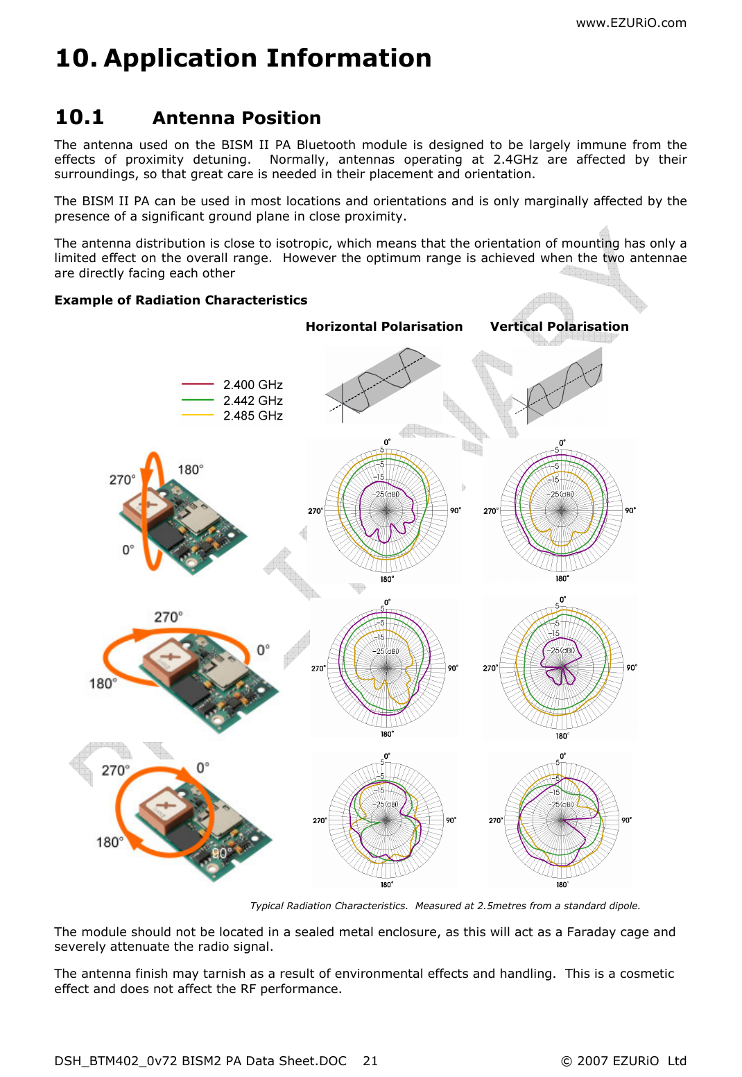 www.EZURiO.com DSH_BTM402_0v72 BISM2 PA Data Sheet.DOC  © 2007 EZURiO  Ltd  2110. Application Information 10.1 Antenna Position The  antenna  used  on  the  BISM II  PA  Bluetooth  module is  designed  to  be  largely  immune  from  the effects  of  proximity  detuning.    Normally,  antennas  operating  at  2.4GHz  are  affected  by  their surroundings, so that great care is needed in their placement and orientation. The BISM II PA can be used in most locations and orientations and is only marginally affected by the presence of a significant ground plane in close proximity. The antenna distribution is close to isotropic, which means that the orientation of mounting has only a limited effect on the overall range.  However the optimum range is achieved when the two antennae are directly facing each other Example of Radiation Characteristics  Horizontal Polarisation  Vertical Polarisation            Typical Radiation Characteristics.  Measured at 2.5metres from a standard dipole.                  The module should not be located in a sealed metal enclosure, as this will act as a Faraday cage and severely attenuate the radio signal. The antenna finish may tarnish as a result of environmental effects and handling.  This is a cosmetic effect and does not affect the RF performance.  