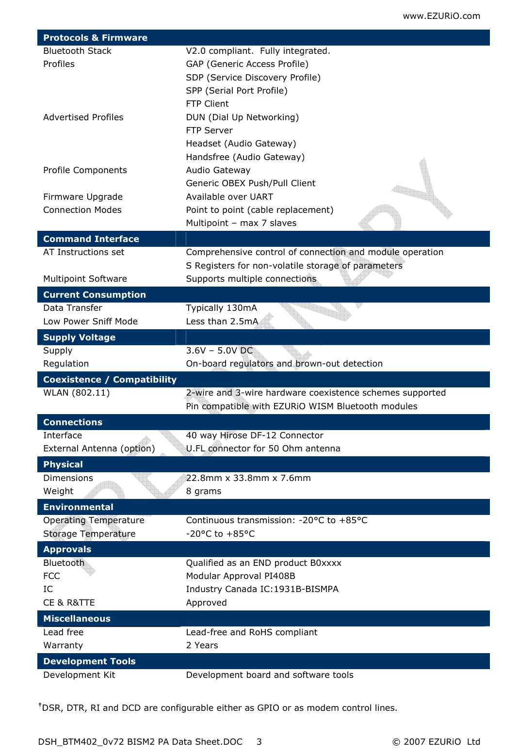 www.EZURiO.com DSH_BTM402_0v72 BISM2 PA Data Sheet.DOC  © 2007 EZURiO  Ltd  3 Protocols &amp; Firmware Bluetooth Stack  V2.0 compliant.  Fully integrated. Profiles  GAP (Generic Access Profile) SDP (Service Discovery Profile) SPP (Serial Port Profile) FTP Client Advertised Profiles  DUN (Dial Up Networking) FTP Server Headset (Audio Gateway) Handsfree (Audio Gateway) Profile Components  Audio Gateway Generic OBEX Push/Pull Client Firmware Upgrade  Available over UART Connection Modes  Point to point (cable replacement) Multipoint – max 7 slaves Command Interface   AT Instructions set  Comprehensive control of connection and module operation S Registers for non-volatile storage of parameters Multipoint Software  Supports multiple connections Current Consumption Data Transfer  Typically 130mA  Low Power Sniff Mode  Less than 2.5mA Supply Voltage   Supply  3.6V – 5.0V DC Regulation  On-board regulators and brown-out detection Coexistence / Compatibility WLAN (802.11)  2-wire and 3-wire hardware coexistence schemes supported   Pin compatible with EZURiO WISM Bluetooth modules Connections Interface  40 way Hirose DF-12 Connector External Antenna (option)  U.FL connector for 50 Ohm antenna Physical Dimensions  22.8mm x 33.8mm x 7.6mm Weight  8 grams Environmental Operating Temperature   Continuous transmission: -20°C to +85°C  Storage Temperature  -20°C to +85°C Approvals Bluetooth  Qualified as an END product B0xxxx FCC  Modular Approval PI408B IC  Industry Canada IC:1931B-BISMPA CE &amp; R&amp;TTE  Approved Miscellaneous Lead free  Lead-free and RoHS compliant Warranty  2 Years Development Tools Development Kit  Development board and software tools  †DSR, DTR, RI and DCD are configurable either as GPIO or as modem control lines. 