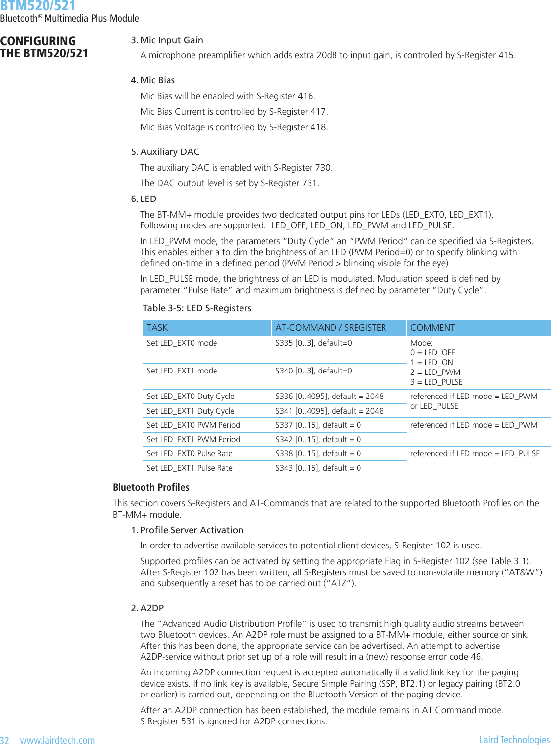 32   www.lairdtech.com  Laird Technologies  BTM520/521Bluetooth® Multimedia Plus ModuleCONFIGURING  THE BTM520/521 3.MicInputGain    A microphone preamplier which adds extra 20dB to input gain, is controlled by S-Register 415. 4.MicBias    Mic Bias will be enabled with S-Register 416.      Mic Bias Current is controlled by S-Register 417.    Mic Bias Voltage is controlled by S-Register 418. 5. Auxiliary DAC    The auxiliary DAC is enabled with S-Register 730.     The DAC output level is set by S-Register 731. 6. LED    The BT-MM+ module provides two dedicated output pins for LEDs (LED_EXT0, LED_EXT1).      Following modes are supported:  LED_OFF, LED_ON, LED_PWM and LED_PULSE.    In LED_PWM mode, the parameters “Duty Cycle” an “PWM Period” can be specied via S-Registers.      This enables either a to dim the brightness of an LED (PWM Period=0) or to specify blinking with      dened on-time in a dened period (PWM Period &gt; blinking visible for the eye)    In LED_PULSE mode, the brightness of an LED is modulated. Modulation speed is dened by      parameter “Pulse Rate” and maximum brightness is dened by parameter “Duty Cycle”.Bluetooth ProlesThis section covers S-Registers and AT-Commands that are related to the supported Bluetooth Proles on the BT-MM+ module. 1.ProleServerActivation    In order to advertise available services to potential client devices, S-Register 102 is used.    Supported proles can be activated by setting the appropriate Flag in S-Register 102 (see Table 3 1).      After S-Register 102 has been written, all S-Registers must be saved to non-volatile memory (“AT&amp;W”)      and subsequently a reset has to be carried out (“ATZ”). 2.A2DP    The “Advanced Audio Distribution Prole” is used to transmit high quality audio streams between      two Bluetooth devices. An A2DP role must be assigned to a BT-MM+ module, either source or sink.      After this has been done, the appropriate service can be advertised. An attempt to advertise      A2DP-service without prior set up of a role will result in a (new) response error code 46.     An incoming A2DP connection request is accepted automatically if a valid link key for the paging      device exists. If no link key is available, Secure Simple Pairing (SSP, BT2.1) or legacy pairing (BT2.0      or earlier) is carried out, depending on the Bluetooth Version of the paging device.    After an A2DP connection has been established, the module remains in AT Command mode.      S Register 531 is ignored for A2DP connections.Table 3-5: LED S-RegistersTASK AT-COMMAND / SREGISTER COMMENTSet LED_EXT0 mode S335 [0..3], default=0 Mode: 0 = LED_OFF 1 = LED_ON 2 = LED_PWM 3 = LED_PULSESet LED_EXT1 mode S340 [0..3], default=0Set LED_EXT0 Duty Cycle S336 [0..4095], default = 2048 referenced if LED mode = LED_PWM  or LED_PULSESet LED_EXT1 Duty Cycle S341 [0..4095], default = 2048Set LED_EXT0 PWM Period S337 [0..15], default = 0 referenced if LED mode = LED_PWMSet LED_EXT1 PWM Period S342 [0..15], default = 0Set LED_EXT0 Pulse Rate S338 [0..15], default = 0 referenced if LED mode = LED_PULSESet LED_EXT1 Pulse Rate S343 [0..15], default = 0