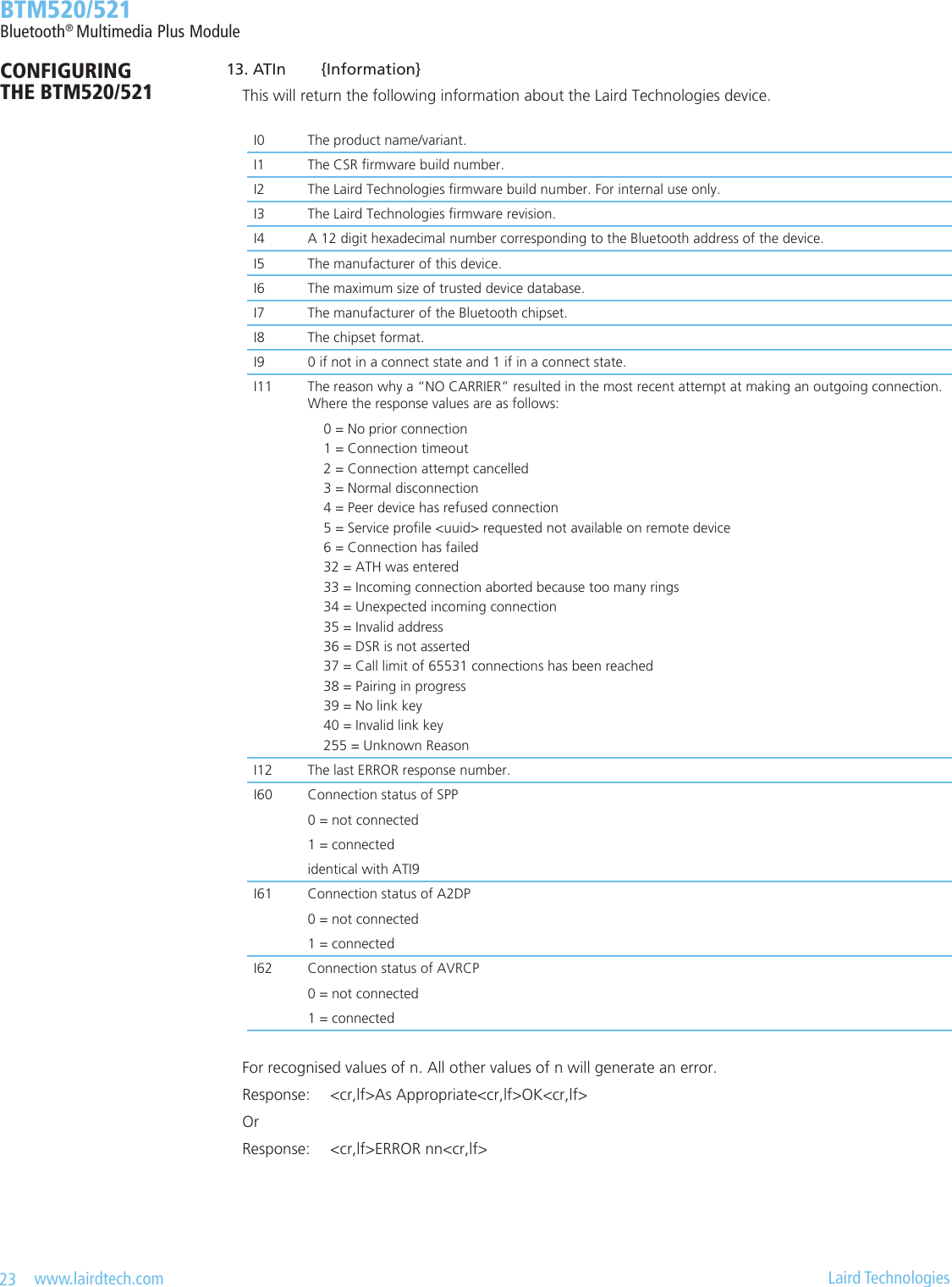 23   www.lairdtech.com  Laird Technologies  BTM520/521Bluetooth® Multimedia Plus ModuleCONFIGURING  THE BTM520/521 13. ATIn        {Information}    This will return the following information about the Laird Technologies device.    For recognised values of n. All other values of n will generate an error.    Response:  &lt;cr,lf&gt;As Appropriate&lt;cr,lf&gt;OK&lt;cr,lf&gt;    Or    Response:  &lt;cr,lf&gt;ERROR nn&lt;cr,lf&gt;I0 The product name/variant.I1 The CSR rmware build number.I2 The Laird Technologies rmware build number. For internal use only.I3 The Laird Technologies rmware revision.I4 A 12 digit hexadecimal number corresponding to the Bluetooth address of the device.I5 The manufacturer of this device.I6 The maximum size of trusted device database.I7 The manufacturer of the Bluetooth chipset.I8 The chipset format.I9 0 if not in a connect state and 1 if in a connect state.I11 The reason why a “NO CARRIER” resulted in the most recent attempt at making an outgoing connection. Where the response values are as follows: 0 = No prior connection 1 = Connection timeout 2 = Connection attempt cancelled 3 = Normal disconnection 4 = Peer device has refused connection 5 = Service prole &lt;uuid&gt; requested not available on remote device 6 = Connection has failed 32 = ATH was entered 33 = Incoming connection aborted because too many rings 34 = Unexpected incoming connection 35 = Invalid address 36 = DSR is not asserted 37 = Call limit of 65531 connections has been reached 38 = Pairing in progress 39 = No link key 40 = Invalid link key 255 = Unknown ReasonI12 The last ERROR response number.I60 Connection status of SPP 0 = not connected 1 = connected identical with ATI9I61 Connection status of A2DP 0 = not connected 1 = connectedI62 Connection status of AVRCP 0 = not connected 1 = connected