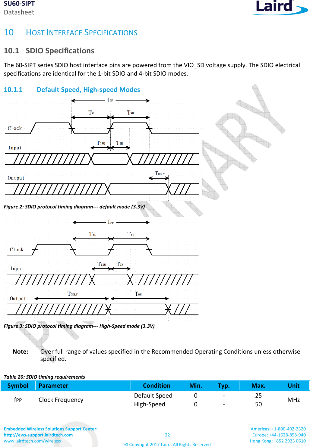 SU60-SIPT Datasheet Embedded Wireless Solutions Support Center:  http://ews-support.lairdtech.com www.lairdtech.com/wireless  22 © Copyright 2017 Laird. All Rights Reserved Americas: +1-800-492-2320 Europe: +44-1628-858-940 Hong Kong: +852 2923 0610  10 HOST INTERFACE SPECIFICATIONS 10.1 SDIO Specifications The 60-SIPT series SDIO host interface pins are powered from the VIO_SD voltage supply. The SDIO electrical specifications are identical for the 1-bit SDIO and 4-bit SDIO modes. 10.1.1 Default Speed, High-speed Modes  Figure 2: SDIO protocol timing diagram--- default mode (3.3V)  Figure 3: SDIO protocol timing diagram--- High-Speed mode (3.3V) Note:   Over full range of values specified in the Recommended Operating Conditions unless otherwise specified. Table 20: SDIO timing requirements Symbol  Parameter  Condition  Min.  Typ.  Max.  Unit fPP  Clock Frequency   Default Speed High-Speed 0 0 - - 25 50  MHz 