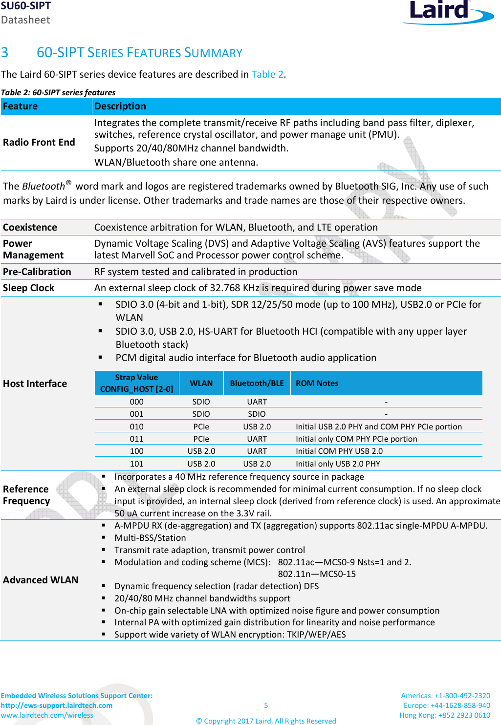 SU60-SIPT Datasheet Embedded Wireless Solutions Support Center:  http://ews-support.lairdtech.com www.lairdtech.com/wireless  5 © Copyright 2017 Laird. All Rights Reserved Americas: +1-800-492-2320 Europe: +44-1628-858-940 Hong Kong: +852 2923 0610  3 60-SIPT SERIES FEATURES SUMMARY The Laird 60-SIPT series device features are described in Table 2. Table 2: 60-SIPT series features Feature  Description Radio Front End Integrates the complete transmit/receive RF paths including band pass filter, diplexer, switches, reference crystal oscillator, and power manage unit (PMU). Supports 20/40/80MHz channel bandwidth. WLAN/Bluetooth share one antenna. The Bluetooth® word mark and logos are registered trademarks owned by Bluetooth SIG, Inc. Any use of such marks by Laird is under license. Other trademarks and trade names are those of their respective owners. Coexistence   Coexistence arbitration for WLAN, Bluetooth, and LTE operation Power Management Dynamic Voltage Scaling (DVS) and Adaptive Voltage Scaling (AVS) features support the latest Marvell SoC and Processor power control scheme. Pre-Calibration  RF system tested and calibrated in production Sleep Clock  An external sleep clock of 32.768 KHz is required during power save mode Host Interface   SDIO 3.0 (4-bit and 1-bit), SDR 12/25/50 mode (up to 100 MHz), USB2.0 or PCIe for WLAN   SDIO 3.0, USB 2.0, HS-UART for Bluetooth HCI (compatible with any upper layer Bluetooth stack)  PCM digital audio interface for Bluetooth audio application Strap Value CONFIG_HOST [2-0] WLAN  Bluetooth/BLE ROM Notes 000 SDIO UART - 001 SDIO SDIO - 010  PCIe  USB 2.0  Initial USB 2.0 PHY and COM PHY PCIe portion 011  PCIe  UART  Initial only COM PHY PCIe portion 100 USB 2.0 UART Initial COM PHY USB 2.0 101 USB 2.0 USB 2.0 Initial only USB 2.0 PHY  Reference Frequency  Incorporates a 40 MHz reference frequency source in package  An external sleep clock is recommended for minimal current consumption. If no sleep clock input is provided, an internal sleep clock (derived from reference clock) is used. An approximate 50 uA current increase on the 3.3V rail. Advanced WLAN  A-MPDU RX (de-aggregation) and TX (aggregation) supports 802.11ac single-MPDU A-MPDU.  Multi-BSS/Station  Transmit rate adaption, transmit power control  Modulation and coding scheme (MCS):   802.11ac—MCS0-9 Nsts=1 and 2.            802.11n—MCS0-15  Dynamic frequency selection (radar detection) DFS  20/40/80 MHz channel bandwidths support  On-chip gain selectable LNA with optimized noise figure and power consumption  Internal PA with optimized gain distribution for linearity and noise performance  Support wide variety of WLAN encryption: TKIP/WEP/AES  
