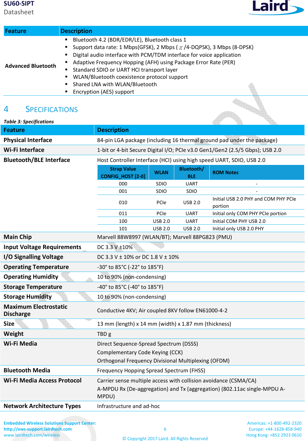 SU60-SIPT Datasheet Embedded Wireless Solutions Support Center:  http://ews-support.lairdtech.com www.lairdtech.com/wireless  6 © Copyright 2017 Laird. All Rights Reserved Americas: +1-800-492-2320 Europe: +44-1628-858-940 Hong Kong: +852 2923 0610  Feature  Description Advanced Bluetooth  Bluetooth 4.2 (BDR/EDR/LE), Bluetooth class 1   Support data rate: 1 Mbps(GFSK), 2 Mbps ( /4-DQPSK), 3 Mbps (8-DPSK)  Digital audio interface with PCM/TDM interface for voice application  Adaptive Frequency Hopping (AFH) using Package Error Rate (PER)  Standard SDIO or UART HCI transport layer  WLAN/Bluetooth coexistence protocol support  Shared LNA with WLAN/Bluetooth  Encryption (AES) support 4 SPECIFICATIONS Table 3: Specifications Feature  Description Physical Interface 84-pin LGA package (including 16 thermal ground pad under the package) Wi-Fi Interface 1-bit or 4-bit Secure Digital I/O; PCIe v3.0 Gen1/Gen2 (2.5/5 Gbps); USB 2.0 Bluetooth/BLE Interface Host Controller Interface (HCI) using high speed UART, SDIO, USB 2.0 Strap Value CONFIG_HOST [2-0] WLAN  Bluetooth/ BLE ROM Notes 000 SDIO UART - 001  SDIO  SDIO  - 010  PCIe  USB 2.0  Initial USB 2.0 PHY and COM PHY PCIe portion 011 PCIe UART Initial only COM PHY PCIe portion 100  USB 2.0 UART  Initial COM PHY USB 2.0 101  USB 2.0 USB 2.0  Initial only USB 2.0 PHY  Main Chip  Marvell 88W8997 (WLAN/BT); Marvell 88PG823 (PMU) Input Voltage Requirements DC 3.3 V ±10% I/O Signalling Voltage DC 3.3 V ± 10% or DC 1.8 V ± 10% Operating Temperature -30° to 85°C (-22° to 185°F)   Operating Humidity 10 to 90% (non-condensing)  Storage Temperature -40° to 85°C (-40° to 185°F) Storage Humidity 10 to 90% (non-condensing)  Maximum Electrostatic Discharge Conductive 4KV; Air coupled 8KV follow EN61000-4-2 Size 13 mm (length) x 14 mm (width) x 1.87 mm (thickness) Weight TBD g Wi-Fi Media Direct Sequence-Spread Spectrum (DSSS)  Complementary Code Keying (CCK) Orthogonal Frequency Divisional Multiplexing (OFDM) Bluetooth Media Frequency Hopping Spread Spectrum (FHSS) Wi-Fi Media Access Protocol Carrier sense multiple access with collision avoidance (CSMA/CA) A-MPDU Rx (De-aggregation) and Tx (aggregation) (802.11ac single-MPDU A-MPDU) Network Architecture Types Infrastructure and ad-hoc 