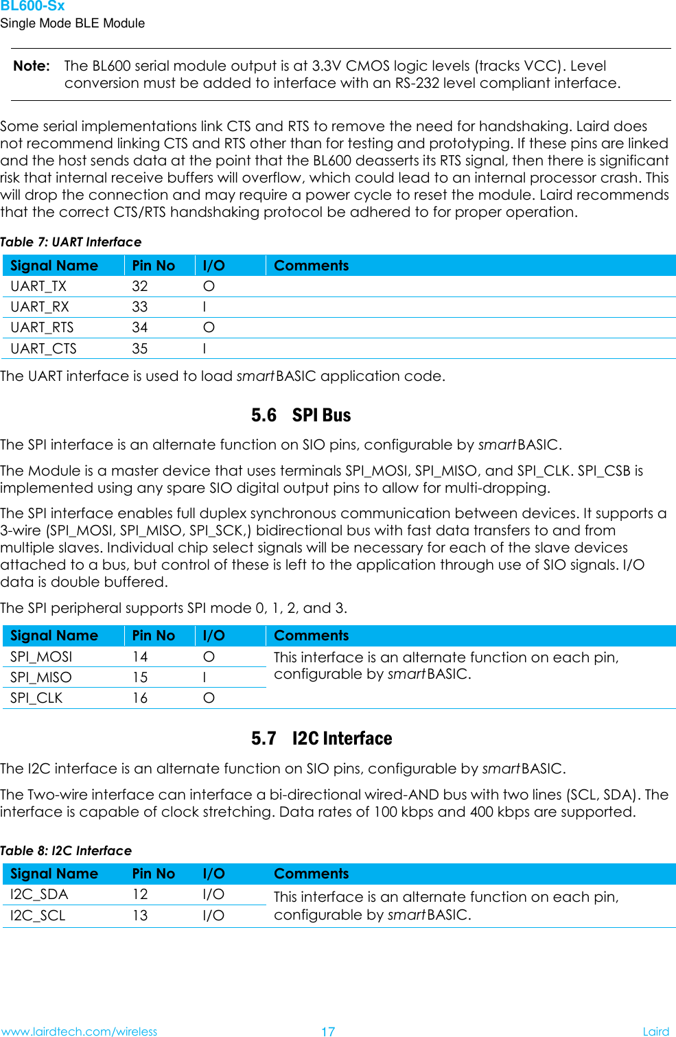 BL600-Sx Single Mode BLE Module www.lairdtech.com/wireless 17 Laird    Note:    The BL600 serial module output is at 3.3V CMOS logic levels (tracks VCC). Level conversion must be added to interface with an RS-232 level compliant interface. Some serial implementations link CTS and RTS to remove the need for handshaking. Laird does not recommend linking CTS and RTS other than for testing and prototyping. If these pins are linked and the host sends data at the point that the BL600 deasserts its RTS signal, then there is significant risk that internal receive buffers will overflow, which could lead to an internal processor crash. This will drop the connection and may require a power cycle to reset the module. Laird recommends that the correct CTS/RTS handshaking protocol be adhered to for proper operation. Table 7: UART Interface Signal Name Pin No I/O Comments UART_TX 32 O  UART_RX 33 I  UART_RTS 34 O  UART_CTS 35 I  The UART interface is used to load smart BASIC application code. 5.6 SPI Bus The SPI interface is an alternate function on SIO pins, configurable by smart BASIC.   The Module is a master device that uses terminals SPI_MOSI, SPI_MISO, and SPI_CLK. SPI_CSB is implemented using any spare SIO digital output pins to allow for multi-dropping.   The SPI interface enables full duplex synchronous communication between devices. It supports a 3-wire (SPI_MOSI, SPI_MISO, SPI_SCK,) bidirectional bus with fast data transfers to and from multiple slaves. Individual chip select signals will be necessary for each of the slave devices attached to a bus, but control of these is left to the application through use of SIO signals. I/O data is double buffered. The SPI peripheral supports SPI mode 0, 1, 2, and 3. Signal Name Pin No I/O Comments SPI_MOSI 14 O This interface is an alternate function on each pin, configurable by smart BASIC. SPI_MISO 15 I SPI_CLK 16 O 5.7 I2C Interface The I2C interface is an alternate function on SIO pins, configurable by smart BASIC.   The Two-wire interface can interface a bi-directional wired-AND bus with two lines (SCL, SDA). The interface is capable of clock stretching. Data rates of 100 kbps and 400 kbps are supported. Table 8: I2C Interface Signal Name Pin No I/O Comments I2C_SDA 12 I/O This interface is an alternate function on each pin, configurable by smart BASIC. I2C_SCL 13 I/O  