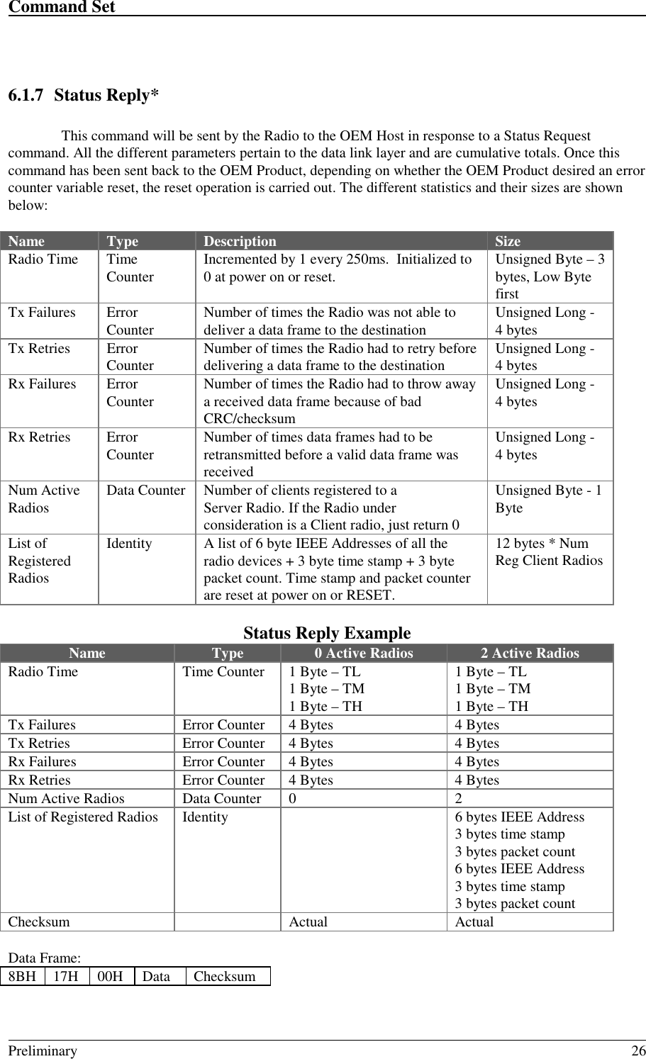 Command Set                                                                                                                                                                                                                                                                                                    Preliminary 266.1.7 Status Reply*This command will be sent by the Radio to the OEM Host in response to a Status Requestcommand. All the different parameters pertain to the data link layer and are cumulative totals. Once thiscommand has been sent back to the OEM Product, depending on whether the OEM Product desired an errorcounter variable reset, the reset operation is carried out. The different statistics and their sizes are shownbelow:Name Type Description SizeRadio Time TimeCounter Incremented by 1 every 250ms.  Initialized to0 at power on or reset. Unsigned Byte – 3bytes, Low BytefirstTx Failures ErrorCounter Number of times the Radio was not able todeliver a data frame to the destination Unsigned Long -4 bytesTx Retries ErrorCounter Number of times the Radio had to retry beforedelivering a data frame to the destination Unsigned Long -4 bytesRx Failures ErrorCounter Number of times the Radio had to throw awaya received data frame because of badCRC/checksumUnsigned Long -4 bytesRx Retries ErrorCounter Number of times data frames had to beretransmitted before a valid data frame wasreceivedUnsigned Long -4 bytesNum ActiveRadios Data Counter Number of clients registered to aServer Radio. If the Radio underconsideration is a Client radio, just return 0Unsigned Byte - 1ByteList ofRegisteredRadiosIdentity A list of 6 byte IEEE Addresses of all theradio devices + 3 byte time stamp + 3 bytepacket count. Time stamp and packet counterare reset at power on or RESET.12 bytes * NumReg Client RadiosStatus Reply ExampleName Type 0 Active Radios 2 Active RadiosRadio Time Time Counter 1 Byte – TL1 Byte – TM1 Byte – TH1 Byte – TL1 Byte – TM1 Byte – THTx Failures Error Counter 4 Bytes 4 BytesTx Retries Error Counter 4 Bytes 4 BytesRx Failures Error Counter 4 Bytes 4 BytesRx Retries Error Counter 4 Bytes 4 BytesNum Active Radios Data Counter 0 2List of Registered Radios Identity 6 bytes IEEE Address3 bytes time stamp3 bytes packet count6 bytes IEEE Address3 bytes time stamp3 bytes packet countChecksum Actual ActualData Frame:8BH 17H 00H Data Checksum