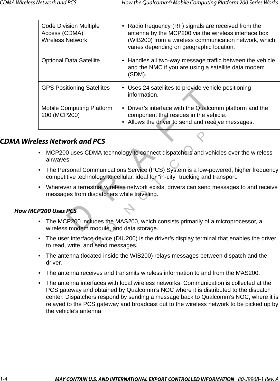 CDMA Wireless Network and PCS How the Qualcomm® Mobile Computing Platform 200 Series Works1-4 MAY CONTAIN U.S. AND INTERNATIONAL EXPORT CONTROLLED INFORMATION 80-J9968-1 Rev. ADO NOT COPYCDMA Wireless Network and PCS• MCP200 uses CDMA technology to connect dispatchers and vehicles over the wireless airwaves.• The Personal Communications Service (PCS) System is a low-powered, higher frequency competitive technology to cellular, ideal for “in-city” trucking and transport. • Wherever a terrestrial wireless network exists, drivers can send messages to and receive messages from dispatchers while traveling. How MCP200 Uses PCS• The MCP200 includes the MAS200, which consists primarily of a microprocessor, a wireless modem module, and data storage.• The user interface device (DIU200) is the driver’s display terminal that enables the driver to read, write, and send messages. • The antenna (located inside the WIB200) relays messages between dispatch and the driver. • The antenna receives and transmits wireless information to and from the MAS200. • The antenna interfaces with local wireless networks. Communication is collected at the PCS gateway and obtained by Qualcomm’s NOC where it is distributed to the dispatch center. Dispatchers respond by sending a message back to Qualcomm’s NOC, where it is relayed to the PCS gateway and broadcast out to the wireless network to be picked up by the vehicle’s antenna. Code Division Multiple Access (CDMA)Wireless Network• Radio frequency (RF) signals are received from the antenna by the MCP200 via the wireless interface box (WIB200) from a wireless communication network, which varies depending on geographic location.Optional Data Satellite • Handles all two-way message traffic between the vehicle and the NMC if you are using a satellite data modem (SDM). GPS Positioning Satellites • Uses 24 satellites to provide vehicle positioning information.Mobile Computing Platform 200 (MCP200) • Driver’s interface with the Qualcomm platform and the component that resides in the vehicle.• Allows the driver to send and receive messages.