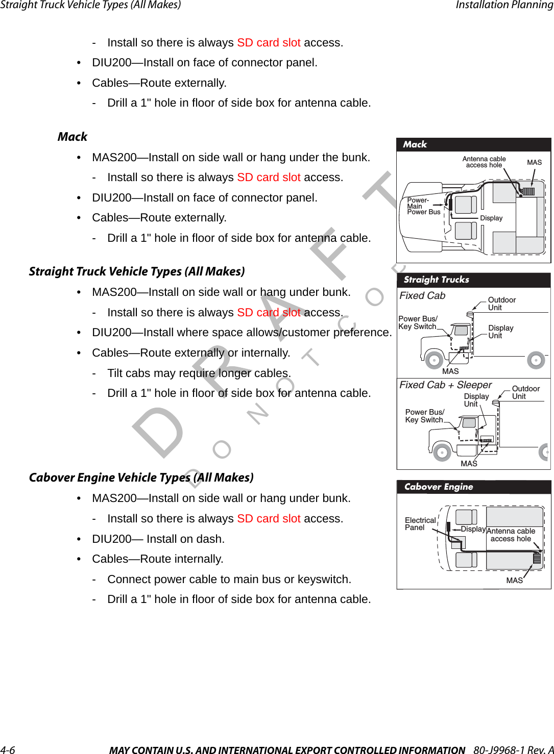 Straight Truck Vehicle Types (All Makes) Installation Planning4-6 MAY CONTAIN U.S. AND INTERNATIONAL EXPORT CONTROLLED INFORMATION 80-J9968-1 Rev. ADO NOT COPY- Install so there is always SD card slot access.•DIU200—Install on face of connector panel. • Cables—Route externally.- Drill a 1&quot; hole in floor of side box for antenna cable.Mack• MAS200—Install on side wall or hang under the bunk.- Install so there is always SD card slot access.•DIU200—Install on face of connector panel. • Cables—Route externally.- Drill a 1&quot; hole in floor of side box for antenna cable.Straight Truck Vehicle Types (All Makes)• MAS200—Install on side wall or hang under bunk.- Install so there is always SD card slot access.•DIU200—Install where space allows/customer preference.• Cables—Route externally or internally.- Tilt cabs may require longer cables.- Drill a 1&quot; hole in floor of side box for antenna cable.Cabover Engine Vehicle Types (All Makes)• MAS200—Install on side wall or hang under bunk.- Install so there is always SD card slot access.•DIU200— Install on dash.• Cables—Route internally.- Connect power cable to main bus or keyswitch.- Drill a 1&quot; hole in floor of side box for antenna cable.DisplayPower- MainPower BusAntenna cableaccess hole MASMackStraight TrucksFixed CabFixed Cab + Sleeper OutdoorUnitOutdoorUnitDisplayUnitDisplayUnitMASPower Bus/Key SwitchPower Bus/Key SwitchMASMASAntenna cableaccess holeDisplayElectricalPanelCabover Engine