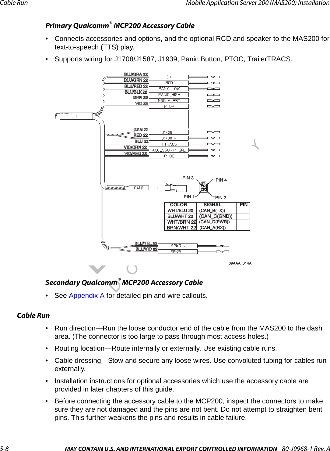 Cable Run Mobile Application Server 200 (MAS200) Installation5-8 MAY CONTAIN U.S. AND INTERNATIONAL EXPORT CONTROLLED INFORMATION 80-J9968-1 Rev. ADO NOT COPYPrimary Qualcomm® MCP200 Accessory Cable• Connects accessories and options, and the optional RCD and speaker to the MAS200 for text-to-speech (TTS) play.• Supports wiring for J1708/J1587, J1939, Panic Button, PTOC, TrailerTRACS.Secondary Qualcomm® MCP200 Accessory Cable• See Appendix A for detailed pin and wire callouts.Cable Run• Run direction—Run the loose conductor end of the cable from the MAS200 to the dash area. (The connector is too large to pass through most access holes.)• Routing location—Route internally or externally. Use existing cable runs.• Cable dressing—Stow and secure any loose wires. Use convoluted tubing for cables run externally.• Installation instructions for optional accessories which use the accessory cable are provided in later chapters of this guide.• Before connecting the accessory cable to the MCP200, inspect the connectors to make sure they are not damaged and the pins are not bent. Do not attempt to straighten bent pins. This further weakens the pins and results in cable failure.09AAA_014AWHT/BLU 20WHT/BLU 20BLU/WHT 20BLU/WHT 20GRN 22GRN 22GRN 22RED 22RED 22RED 22BRN 22BRN 22BRN 22BLU/BLK 22BLU/BLK 22BLU/BLK 22BLU/RED 22BLU/RED 22BLU/RED 22BLU 22BLU 22BLU 22VIO/ORN 22VIO/ORN 22VIO/ORN 22VIO/RED 22VIO/RED 22VIO/RED 22BLU/GRN 22BLU/GRN 22BLU/GRN 22VIO 22VIO 22VIO 22BLU/YEL 22BLU/YEL 22BLU/YEL 22BLU/VIO 22BLU/VIO 22BLU/VIO 22BLU/GRA 22BLU/GRA 22BLU/GRA 22(CAN_D(PWR))(CAN_D(PWR))(CAN_A(RX))(CAN_A(RX))PIN 3PIN 1PIN 4PIN 2WHT/BRN 22WHT/BRN 22BRN/WHT 22BRN/WHT 22(CAN_B(TX))(CAN_B(TX))(CAN_C(GND))(CAN_C(GND))PINSIGNALCOLOR