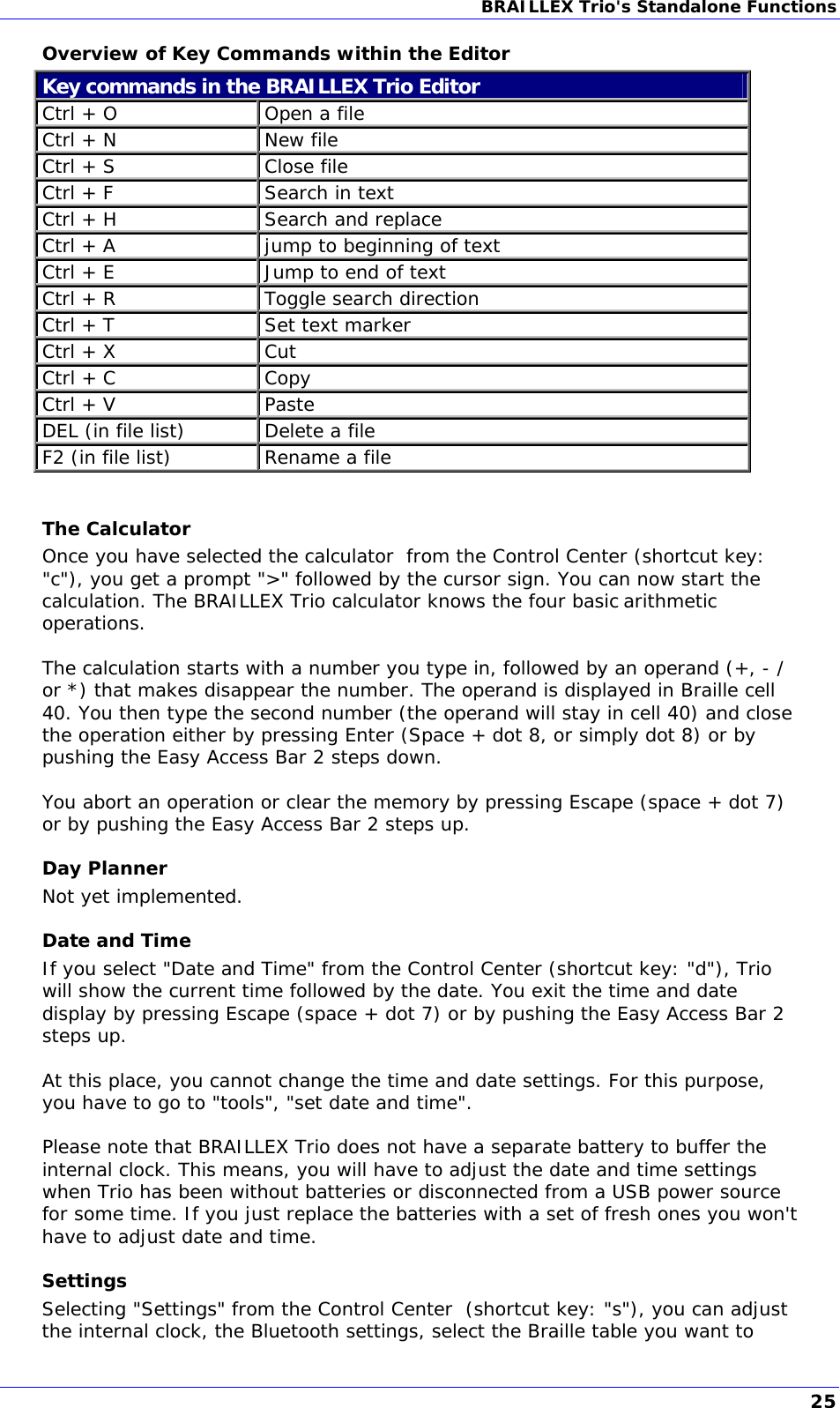 BRAILLEX Trio&apos;s Standalone Functions  Overview of Key Commands within the Editor Key commands in the BRAILLEX Trio Editor Ctrl + O  Open a file Ctrl + N  New file Ctrl + S  Close file Ctrl + F  Search in text Ctrl + H  Search and replace Ctrl + A  jump to beginning of text Ctrl + E  Jump to end of text Ctrl + R  Toggle search direction Ctrl + T  Set text marker Ctrl + X  Cut Ctrl + C  Copy Ctrl + V  Paste DEL (in file list)  Delete a file F2 (in file list)  Rename a file  The Calculator Once you have selected the calculator  from the Control Center (shortcut key: &quot;c&quot;), you get a prompt &quot;&gt;&quot; followed by the cursor sign. You can now start the calculation. The BRAILLEX Trio calculator knows the four basic arithmetic operations.  The calculation starts with a number you type in, followed by an operand (+, - / or *) that makes disappear the number. The operand is displayed in Braille cell 40. You then type the second number (the operand will stay in cell 40) and close the operation either by pressing Enter (Space + dot 8, or simply dot 8) or by pushing the Easy Access Bar 2 steps down.  You abort an operation or clear the memory by pressing Escape (space + dot 7) or by pushing the Easy Access Bar 2 steps up. Day Planner Not yet implemented. Date and Time If you select &quot;Date and Time&quot; from the Control Center (shortcut key: &quot;d&quot;), Trio will show the current time followed by the date. You exit the time and date display by pressing Escape (space + dot 7) or by pushing the Easy Access Bar 2 steps up.  At this place, you cannot change the time and date settings. For this purpose, you have to go to &quot;tools&quot;, &quot;set date and time&quot;.  Please note that BRAILLEX Trio does not have a separate battery to buffer the internal clock. This means, you will have to adjust the date and time settings when Trio has been without batteries or disconnected from a USB power source for some time. If you just replace the batteries with a set of fresh ones you won&apos;t have to adjust date and time. Settings Selecting &quot;Settings&quot; from the Control Center  (shortcut key: &quot;s&quot;), you can adjust the internal clock, the Bluetooth settings, select the Braille table you want to 25 