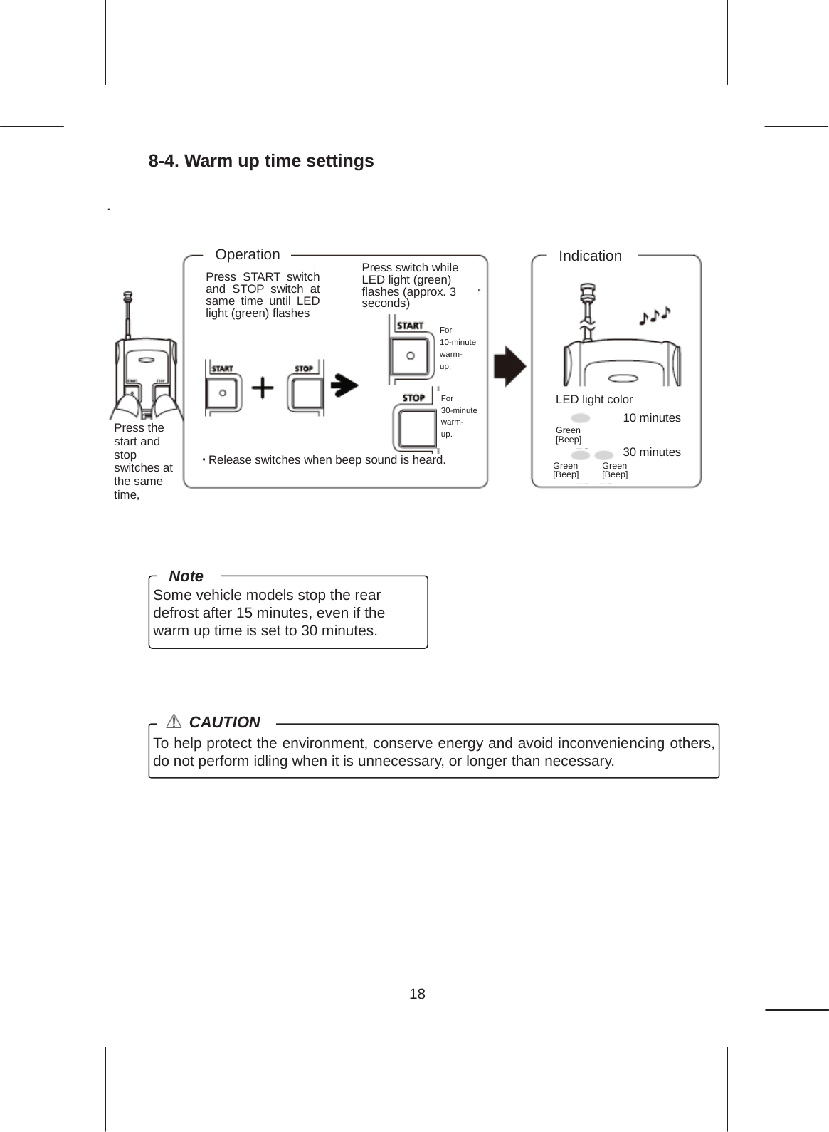 18  8-4. Warm up time settings  .                    30 30 Press START switch and STOP switch at same time until LED light (green) flashes Press switch while LED light (green) flashes (approx. 3 seconds) For 10-minute warm- up. Operation Indication ࣭Release switches when beep sound is heard. LED light color 10 minutes 30 minutes Green [Beep] Green [Beep] Green [Beep] For 30-minute warm- up. Some vehicle models stop the rear defrost after 15 minutes, even if the warm up time is set to 30 minutes. Note Press the start and stop switches at the same time,  To help protect the environment, conserve energy and avoid inconveniencing others, do not perform idling when it is unnecessary, or longer than necessary.  CAUTION 