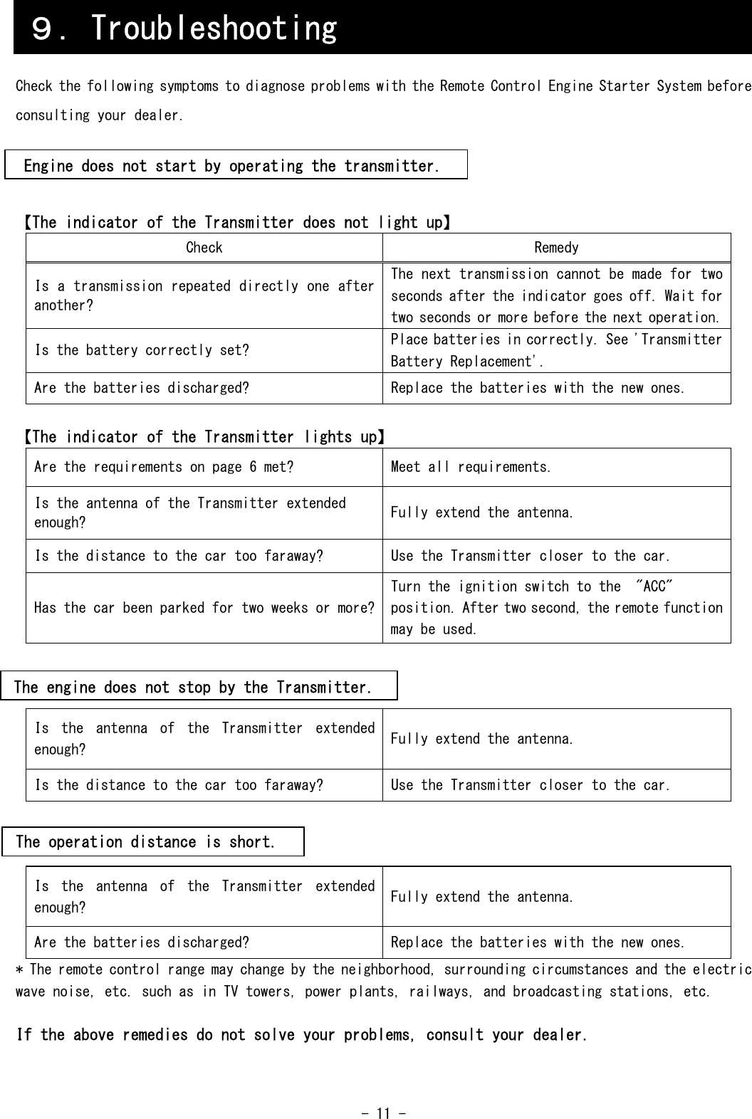  - 11 -     Check the following symptoms to diagnose problems with the Remote Control Engine Starter System before consulting your dealer.       【The indicator of the Transmitter does not light up】 Check  Remedy Is a transmission repeated directly one after another? The next transmission cannot be made for two seconds after the indicator goes off. Wait for two seconds or more before the next operation. Is the battery correctly set?  Place batteries in correctly. See &apos;Transmitter Battery Replacement&apos;. Are the batteries discharged?  Replace the batteries with the new ones.  【The indicator of the Transmitter lights up】 Are the requirements on page 6 met?  Meet all requirements. Is the antenna of the Transmitter extended enough?  Fully extend the antenna. Is the distance to the car too faraway?  Use the Transmitter closer to the car. Has the car been parked for two weeks or more? Turn the ignition switch to the  &quot;ACC&quot; position. After two second, the remote function may be used.    Is  the  antenna  of  the  Transmitter  extended enough?  Fully extend the antenna. Is the distance to the car too faraway?  Use the Transmitter closer to the car.    Is  the  antenna  of  the  Transmitter  extended enough?  Fully extend the antenna. Are the batteries discharged?  Replace the batteries with the new ones. * The remote control range may change by the neighborhood, surrounding circumstances and the electric wave noise, etc. such as in TV towers, power plants, railways, and broadcasting stations, etc.  If the above remedies do not solve your problems, consult your dealer. ９．Troubleshooting Engine does not start by operating the transmitter. The engine does not stop by the Transmitter. The operation distance is short. 