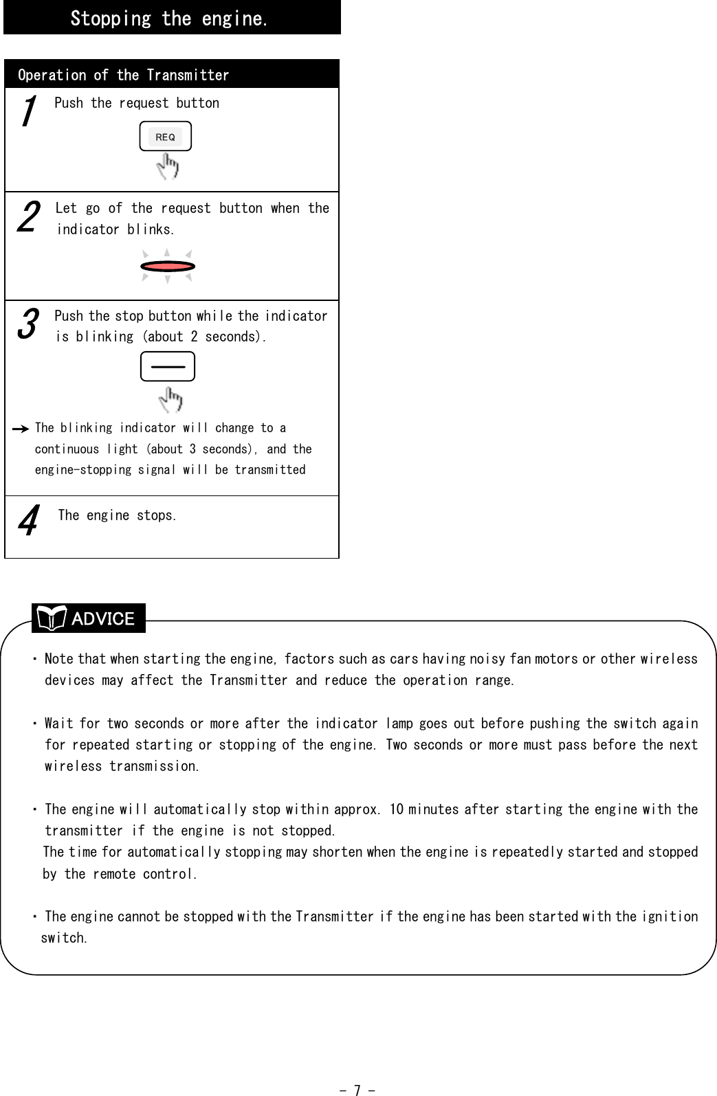  - 7 -                                                   Stopping the engine. Operation of the Transmitter 3 2 1 Push the stop button while the indicator is blinking (about 2 seconds). Let go of the request button when the indicator blinks. Push the request button The blinking indicator will change to a continuous light (about 3 seconds), and the engine-stopping signal will be transmitted ・ Note that when starting the engine, factors such as cars having noisy fan motors or other wireless devices may affect the Transmitter and reduce the operation range.  ・ Wait for two seconds or more after the indicator lamp goes out before pushing the switch again for repeated starting or stopping of the engine. Two seconds or more must pass before the next wireless transmission.  ・ The engine will automatically stop within approx. 10 minutes after starting the engine with the transmitter if the engine is not stopped. The time for automatically stopping may shorten when the engine is repeatedly started and stopped by the remote control.  ・ The engine cannot be stopped with the Transmitter if the engine has been started with the ignition       switch. REQ4 The engine stops. ADVICE 