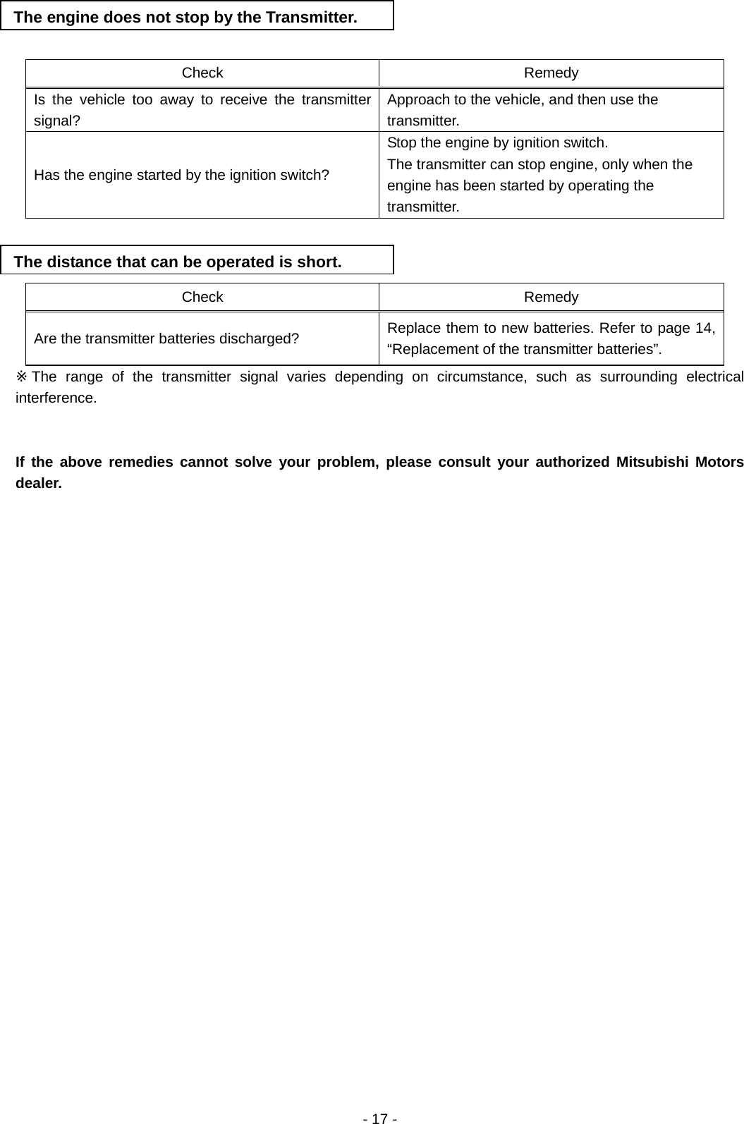  - 17 -    Check Remedy Is the vehicle too away to receive the transmitter signal? Approach to the vehicle, and then use the   transmitter. Has the engine started by the ignition switch? Stop the engine by ignition switch. The transmitter can stop engine, only when the   engine has been started by operating the   transmitter.    Check Remedy Are the transmitter batteries discharged?  Replace them to new batteries. Refer to page 14, “Replacement of the transmitter batteries”. ※The range of the transmitter signal varies depending on circumstance, such as surrounding electrical interference.   If the above remedies cannot solve your problem, please consult your authorized Mitsubishi Motors dealer.  The engine does not stop by the Transmitter. The distance that can be operated is short. 