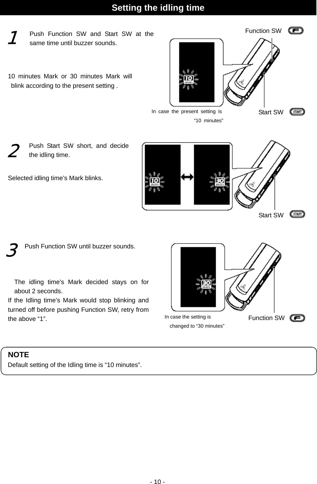  - 10 -                                                   Setting the idling time Function SWStart SWStart SWIn case the setting is changed to “30 minutes” Function SWIn case the present setting is “10 minutes”1 Push Function SW and Start SW at the same time until buzzer sounds. 10 minutes Mark or 30 minutes Mark will blink according to the present setting . 2 Push Start SW short, and decide the idling time. Selected idling time’s Mark blinks. 3 Push Function SW until buzzer sounds. The idling time’s Mark decided stays on for about 2 seconds. If the Idling time’s Mark would stop blinking and turned off before pushing Function SW, retry from the above “1”.  NOTE Default setting of the Idling time is “10 minutes”. 