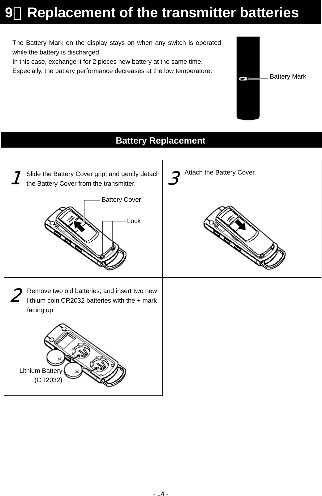  - 14 -                                                   9．Replacement of the transmitter batteries Battery Replacement 3 2 1 Slide the Battery Cover grip, and gently detach the Battery Cover from the transmitter.  Remove two old batteries, and insert two new lithium coin CR2032 batteries with the + mark facing up. Attach the Battery Cover.  Battery Mark Battery Cover Lock Lithium Battery (CR2032) The Battery Mark on the display stays on when any switch is operated, while the battery is discharged. In this case, exchange it for 2 pieces new battery at the same time. Especially, the battery performance decreases at the low temperature. 