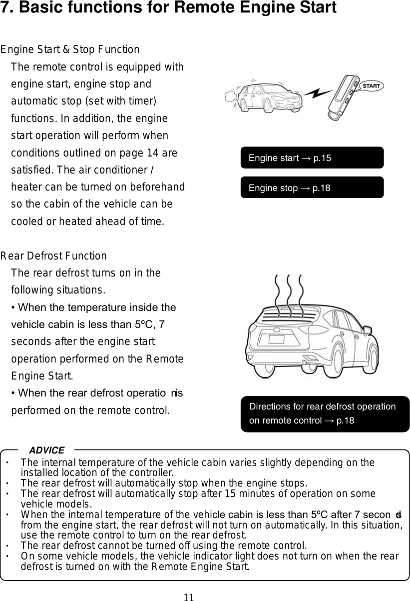 11 7. Basic functions for Remote Engine Start  Engine Start &amp; Stop Function The remote control is equipped with engine start, engine stop and automatic stop (set with timer) functions. In addition, the engine start operation will perform when conditions outlined on page 14 are satisfied. The air conditioner / heater can be turned on beforehand so the cabin of the vehicle can be cooled or heated ahead of time.   Rear Defrost Function The rear defrost turns on in the following situations.  When the temperature inside the vehicle cabin is less than 5ºC, 7 seconds after the engine start operation performed on the Remote Engine Start.  When the rear defrost operation is performed on the remote control.     The internal temperature of the vehicle cabin varies slightly depending on the installed location of the controller. The rear defrost will automatically stop when the engine stops. The rear defrost will automatically stop after 15 minutes of operation on some vehicle models. When the internal temperature of the vehicle cabin is less than 5ºC after 7 seconds from the engine start, the rear defrost will not turn on automatically. In this situation, use the remote control to turn on the rear defrost. The rear defrost cannot be turned off using the remote control. On some vehicle models, the vehicle indicator light does not turn on when the rear defrost is turned on with the Remote Engine Start. ADVICE    