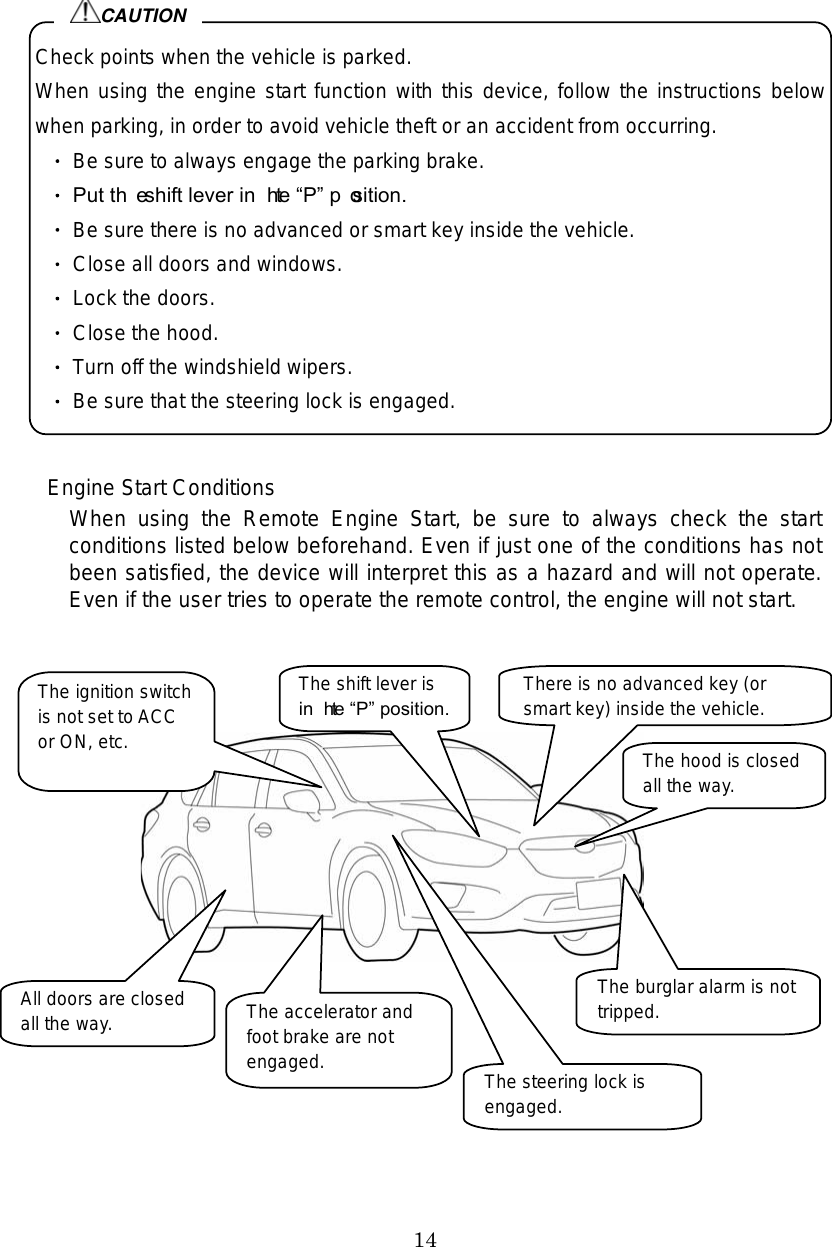 14   Engine Start Conditions When  using  the  Remote  Engine  Start,  be  sure  to  always  check  the  start conditions listed below beforehand. Even if just one of the conditions has not been satisfied, the device will interpret this as a hazard and will not operate. Even if the user tries to operate the remote control, the engine will not start.              Check points when the vehicle is parked. When using the engine start function with this device, follow the instructions below when parking, in order to avoid vehicle theft or an accident from occurring. Be sure to always engage the parking brake. Put the shift lever in the P position. Be sure there is no advanced or smart key inside the vehicle. Close all doors and windows. Lock the doors. Close the hood. Turn off the windshield wipers. Be sure that the steering lock is engaged. CAUTIONThe hood is closed all the way. The burglar alarm is not tripped. There is no advanced key (or smart key) inside the vehicle. All doors are closed all the way.  The accelerator and foot brake are not engaged. The ignition switch is not set to ACC or ON, etc. The shift lever is in the P position.The steering lock is engaged. 