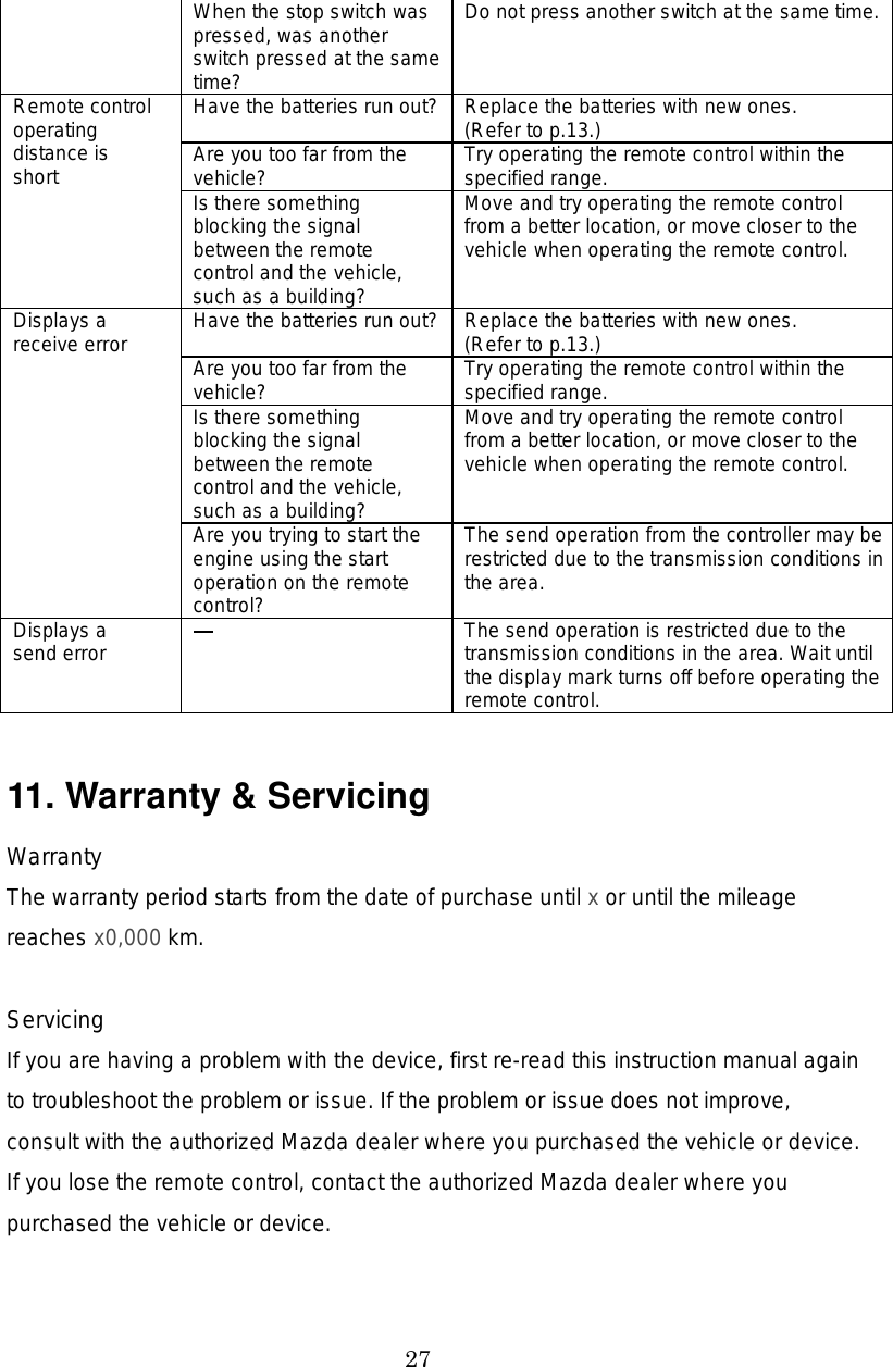 27 When the stop switch was pressed, was another switch pressed at the same time? Do not press another switch at the same time.Have the batteries run out? Replace the batteries with new ones. (Refer to p.13.) Are you too far from the vehicle?  Try operating the remote control within the specified range. Remote control operating distance is short  Is there something blocking the signal between the remote control and the vehicle, such as a building? Move and try operating the remote control from a better location, or move closer to the vehicle when operating the remote control. Have the batteries run out? Replace the batteries with new ones. (Refer to p.13.) Are you too far from the vehicle?  Try operating the remote control within the specified range. Is there something blocking the signal between the remote control and the vehicle, such as a building? Move and try operating the remote control from a better location, or move closer to the vehicle when operating the remote control. Displays a receive error Are you trying to start the engine using the start operation on the remote control? The send operation from the controller may be restricted due to the transmission conditions in the area. Displays a send error    The send operation is restricted due to the transmission conditions in the area. Wait until the display mark turns off before operating the remote control.  11. Warranty &amp; Servicing Warranty The warranty period starts from the date of purchase until x or until the mileage reaches x0,000 km.  Servicing If you are having a problem with the device, first re-read this instruction manual again to troubleshoot the problem or issue. If the problem or issue does not improve, consult with the authorized Mazda dealer where you purchased the vehicle or device. If you lose the remote control, contact the authorized Mazda dealer where you purchased the vehicle or device. 