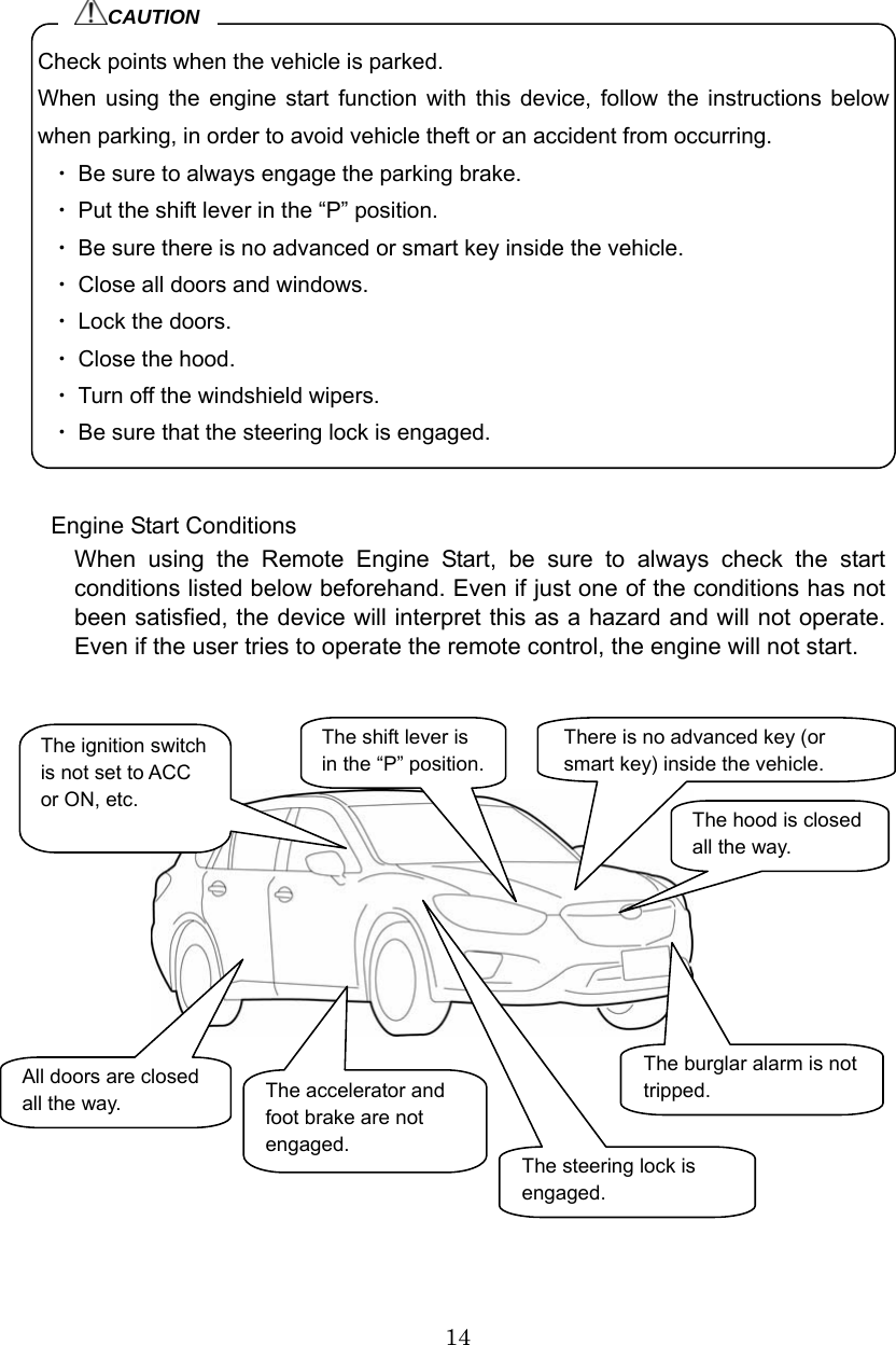 14               Engine Start Conditions When using the Remote Engine Start, be sure to always check the start conditions listed below beforehand. Even if just one of the conditions has not been satisfied, the device will interpret this as a hazard and will not operate. Even if the user tries to operate the remote control, the engine will not start.              Check points when the vehicle is parked. When using the engine start function with this device, follow the instructions below when parking, in order to avoid vehicle theft or an accident from occurring. ・ Be sure to always engage the parking brake. ・ Put the shift lever in the “P” position. ・ Be sure there is no advanced or smart key inside the vehicle. ・ Close all doors and windows. ・ Lock the doors. ・ Close the hood. ・ Turn off the windshield wipers. ・ Be sure that the steering lock is engaged. CAUTIONThe hood is closed all the way. The burglar alarm is not tripped. There is no advanced key (or smart key) inside the vehicle. All doors are closed all the way.  The accelerator and foot brake are not engaged. The ignition switch is not set to ACC or ON, etc. The shift lever is in the “P” position.The steering lock is engaged. 