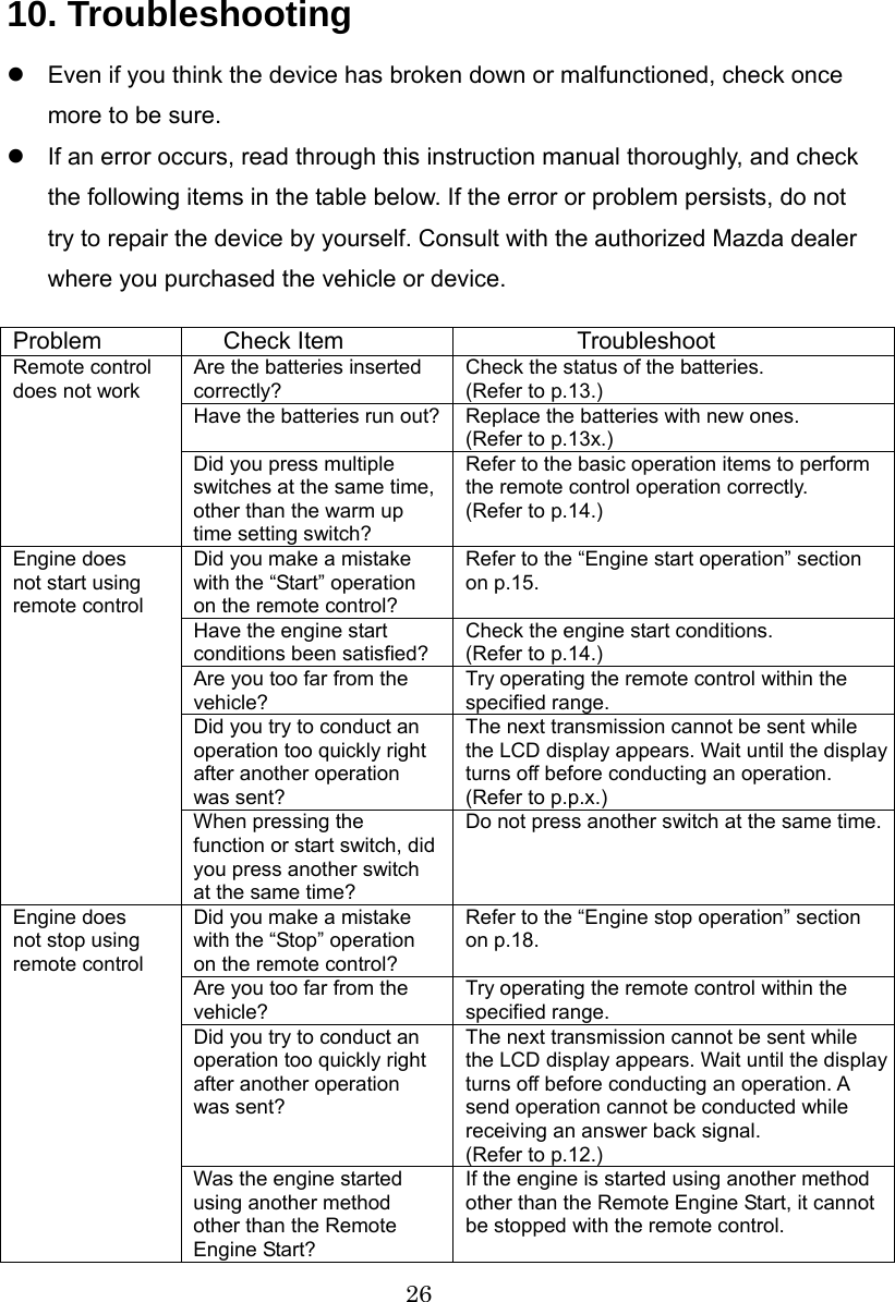 26  10. Troubleshooting z  Even if you think the device has broken down or malfunctioned, check once more to be sure. z  If an error occurs, read through this instruction manual thoroughly, and check the following items in the table below. If the error or problem persists, do not try to repair the device by yourself. Consult with the authorized Mazda dealer where you purchased the vehicle or device.  Problem Check Item   Troubleshoot Are the batteries inserted correctly? Check the status of the batteries. (Refer to p.13.) Have the batteries run out? Replace the batteries with new ones. (Refer to p.13x.) Remote control does not work Did you press multiple switches at the same time, other than the warm up time setting switch? Refer to the basic operation items to perform the remote control operation correctly. (Refer to p.14.) Did you make a mistake with the “Start” operation on the remote control? Refer to the “Engine start operation” section on p.15. Have the engine start conditions been satisfied? Check the engine start conditions. (Refer to p.14.) Are you too far from the vehicle? Try operating the remote control within the specified range. Did you try to conduct an operation too quickly right after another operation was sent? The next transmission cannot be sent while the LCD display appears. Wait until the display turns off before conducting an operation. (Refer to p.p.x.) Engine does not start using remote control When pressing the function or start switch, did you press another switch at the same time? Do not press another switch at the same time.Did you make a mistake with the “Stop” operation on the remote control? Refer to the “Engine stop operation” section on p.18. Are you too far from the vehicle? Try operating the remote control within the specified range. Did you try to conduct an operation too quickly right after another operation was sent? The next transmission cannot be sent while the LCD display appears. Wait until the display turns off before conducting an operation. A send operation cannot be conducted while receiving an answer back signal. (Refer to p.12.) Engine does not stop using remote control Was the engine started using another method other than the Remote Engine Start? If the engine is started using another method other than the Remote Engine Start, it cannot be stopped with the remote control.  