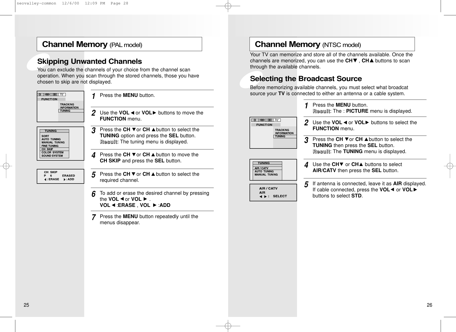 Channel Memory (NTSC model)Press the MENU button.RRRReeeessssuuuulllltttt: The : PICTURE menu is displayed.1Use the VOL or VOL buttons to select theFUNCTION menu.2Press the CH or CH button to select the TUNING then press the SEL button.RRRReeeessssuuuulllltttt: The TUNING menu is displayed.3Use the CH or CH buttons to selectAIR/CATV then press the SEL button.4If antenna is connected, leave it as AIR displayed.If cable connected, press the VOL or VOLbuttons to select STD.5Your TV can memorize and store all of the channels available. Once thechannels are menorized, you can use the CH , CH buttons to scanthrough the available channels.Selecting the Broadcast SourceBefore memorizing available channels, you must select what broadcatsource your TV is connected to either an antenna or a cable system.Channel Memory (PAL model)Press the MENU button.1Use the VOL or VOL buttons to move theFUNCTION menu.2Press the CH or CH button to select the TUNING option and press the SEL button. RRRReeeessssuuuulllltttt: The tuning menu is displayed.3Press the CH or CH button to move the CH SKIP and press the SEL button.4Press the CH or CH button to select therequired channel.56To add or erase the desired channel by pressingthe VOL or VOL .VOL :ERASE , VOL :ADD7Press the MENU button repeatedly until themenus disappear. Skipping Unwanted ChannelsYou can exclude the channels of your choice from the channel scanoperation. When you scan through the stored channels, those you havechosen to skip are not displayed.25 26neovalley-common  12/6/00  12:09 PM  Page 28