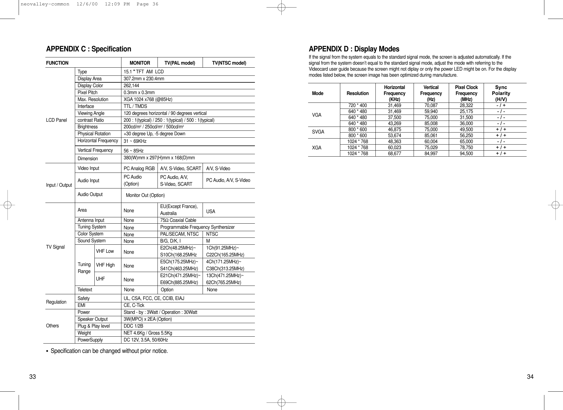 FUNCTION MONITOR TV(PAL model) TV(NTSC model)LCD PanelInput / OutputTV SignalTypeDisplay AreaDisplay ColorPixel PitchMax. ResolutionInterfaceViewing Anglecontrast RatioBrightnessPhysical RotationHorizontal FrequencyVertical FrequencyDimensionVideo InputAudio InputAudio OutputAreaAntenna InputTuning SystemColor SystemSound System15.1 &apos;&apos; TFT AM  LCD307.2mm x 230.4mm262,1440.3mm x 0.3mmXGA 1024 x768 (@85Hz)TTL / TMDS120 degrees horizontal / 90 degrees vertical200 : 1(typical) / 250 : 1(typical) / 500 : 1(typical)200cd/m2/ 250cd/m2/ 500cd/m2+30 degree Up, -5 degree Down31 ~ 69KHz56 ~ 85Hz380(W)mm x 297(H)mm x 168(D)mmPC Analog RGBPC Audio(Option)NoneNoneNoneNoneNoneNoneNoneNoneA/V, S-Video, SCARTPC Audio, A/V,S-Video, SCARTEU(Except France),AustraliaPAL/SECAM, NTSCB/G, D/K, IE2Ch(48.25MHz)~S10Ch(168.25MHzE5Ch(175.25MHz)~S41Ch(463.25MHz)E21Ch(471.25MHz)~E69Ch(885.25MHz)Monitor Out (Option)75ΩCoaxial CableProgrammable Frequency SynthersizerA/V, S-VideoPC Audio, A/V, S-VideoUSANTSCM1Ch(91.25MHz)~C22Ch(165.25MHz)4Ch(171.25MHz)~C38Ch(313.25MHz)13Ch(471.25MHz)~62Ch(765.25MHz)TuningRangeVHF LowVHF HighUHFTeletext None Option NoneRegulationOthersSafetyEMIPowerSpeaker OutputPlug &amp; Play levelWeightPowerSupplyUL, CSA, FCC, CE, CCIB, EIAJCE, C-TickStand - by : 3Watt / Operation : 30Watt3W(MPO) x 2EA (Option)DDC 1/2BNET 4.6Kg / Gross 5.5KgDC 12V, 3.5A, 50/60HzAPPENDIX D : Display ModesIf the signal from the system equals to the standard signal mode, the screen is adjusted automatically. If thesignal from the system doesn’t equal to the standard signal mode, adjust the mode with referring to theVideocard user guide because the screen might not diplay or only the power LED might be on. For the displaymodes listed below, the screen image has been optimized during manufacture.ModeVGASVGAXGAResolution720 * 400640 * 480640 * 480640 * 480800 * 600800 * 6001024 * 7681024 * 7681024 * 768HorizontalFrequency(KHz)31,46931,46937,50043,26946,87553,67448,36360,02368,677VerticalFrequency(Hz)70,08759,94075,00085,00875,00085,06160,00475,02984,997Pixel ClockFrequency(MHz)28,32225,17531,50036,00049,50056,25065,00078,75094,500SyncPolarity(H/V)- / +- / -- / -- / -+ / ++ / +- / -+ / ++ / +33 34APPENDIX C : SpecificationSpecification can be changed without prior notice.neovalley-common  12/6/00  12:09 PM  Page 36